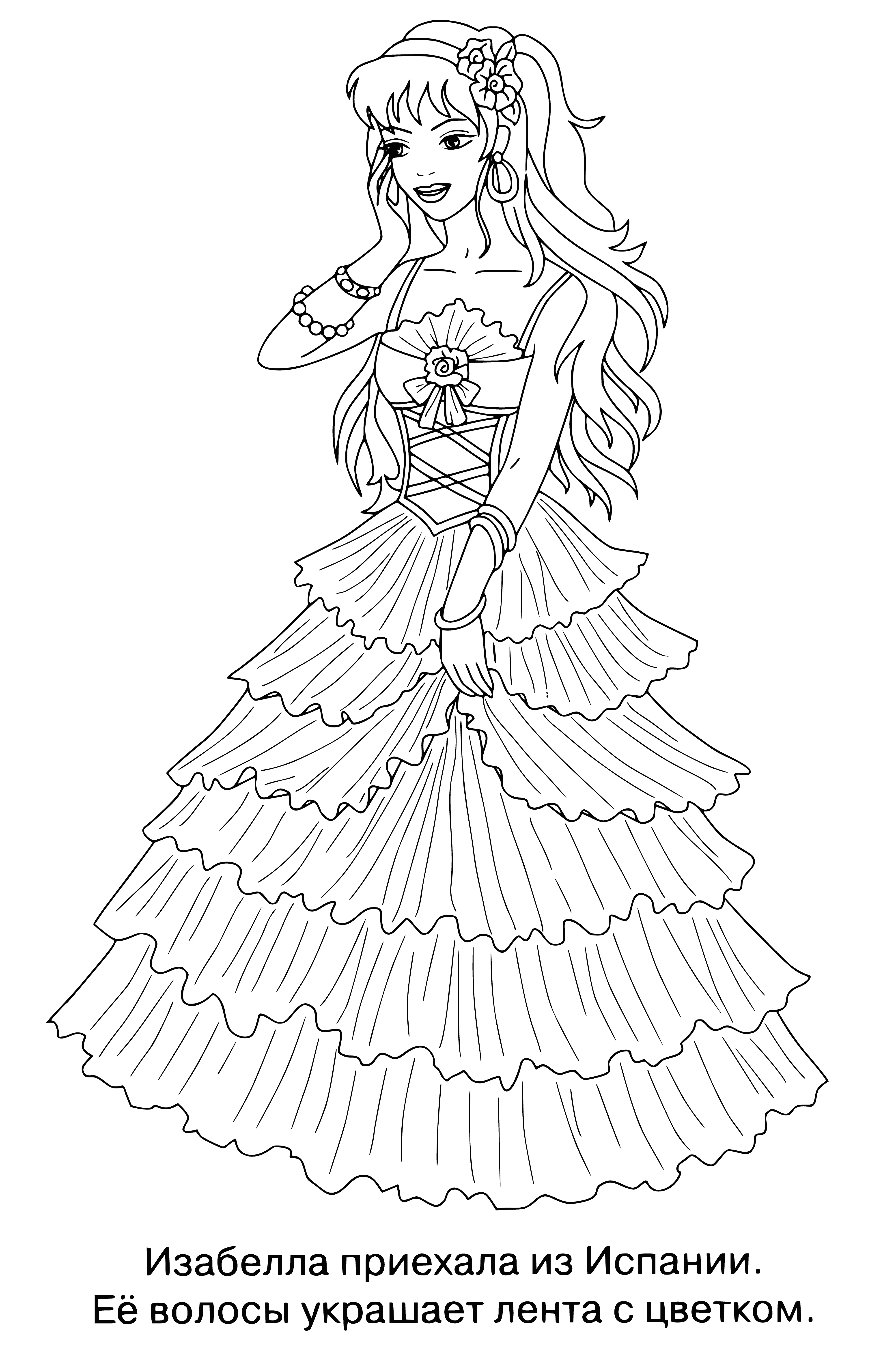 coloring page: Princess in pink dress and crown stands in a garden, surrounded by flowers. #coloringpage