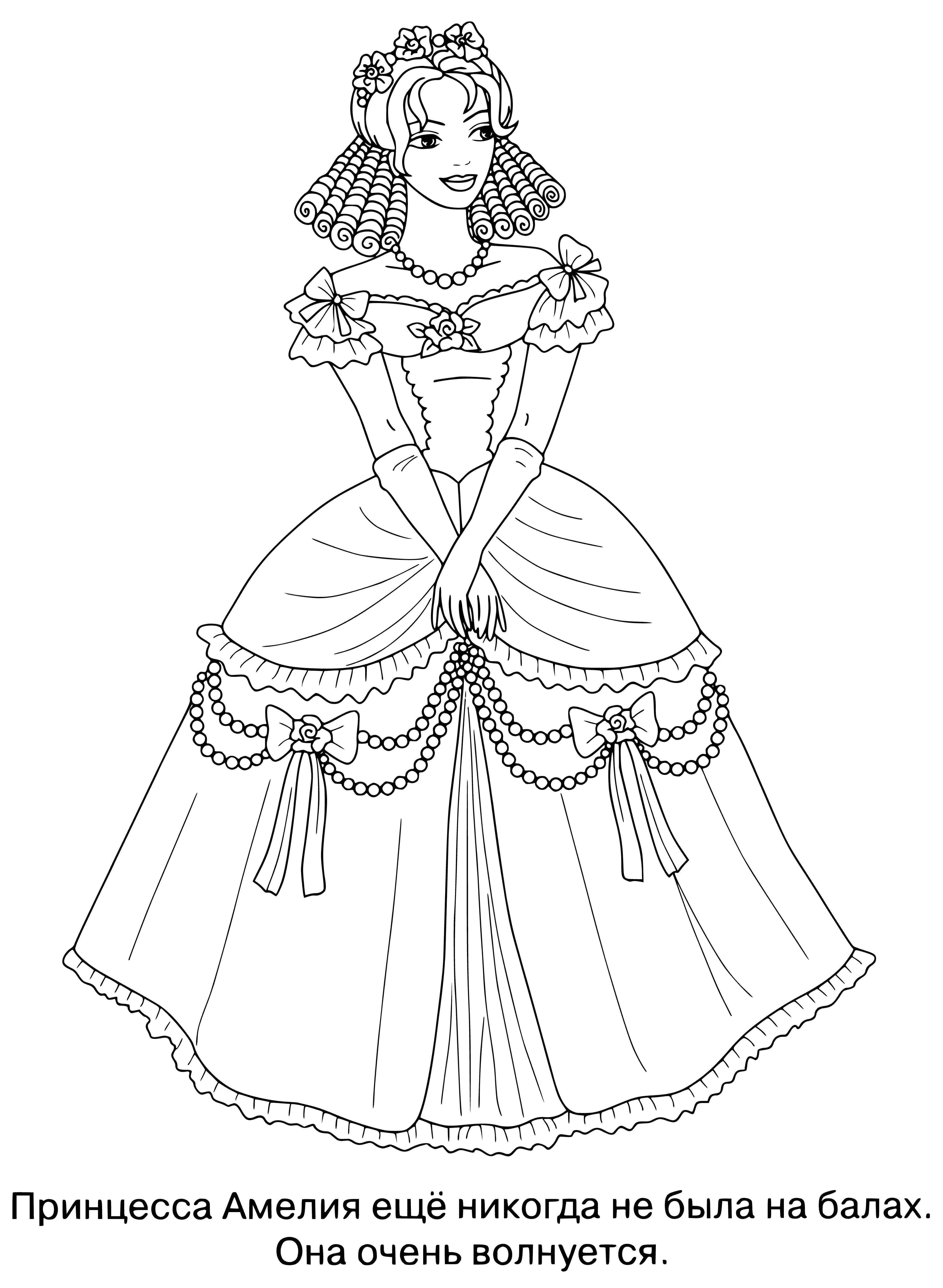 coloring page: Princess Amelia stands in the middle of a group of excited princesses in colorful dresses and beautiful hairdos amongst flowers and trees. Holding a pink wand and wearing a pink dress, she beams with joy.