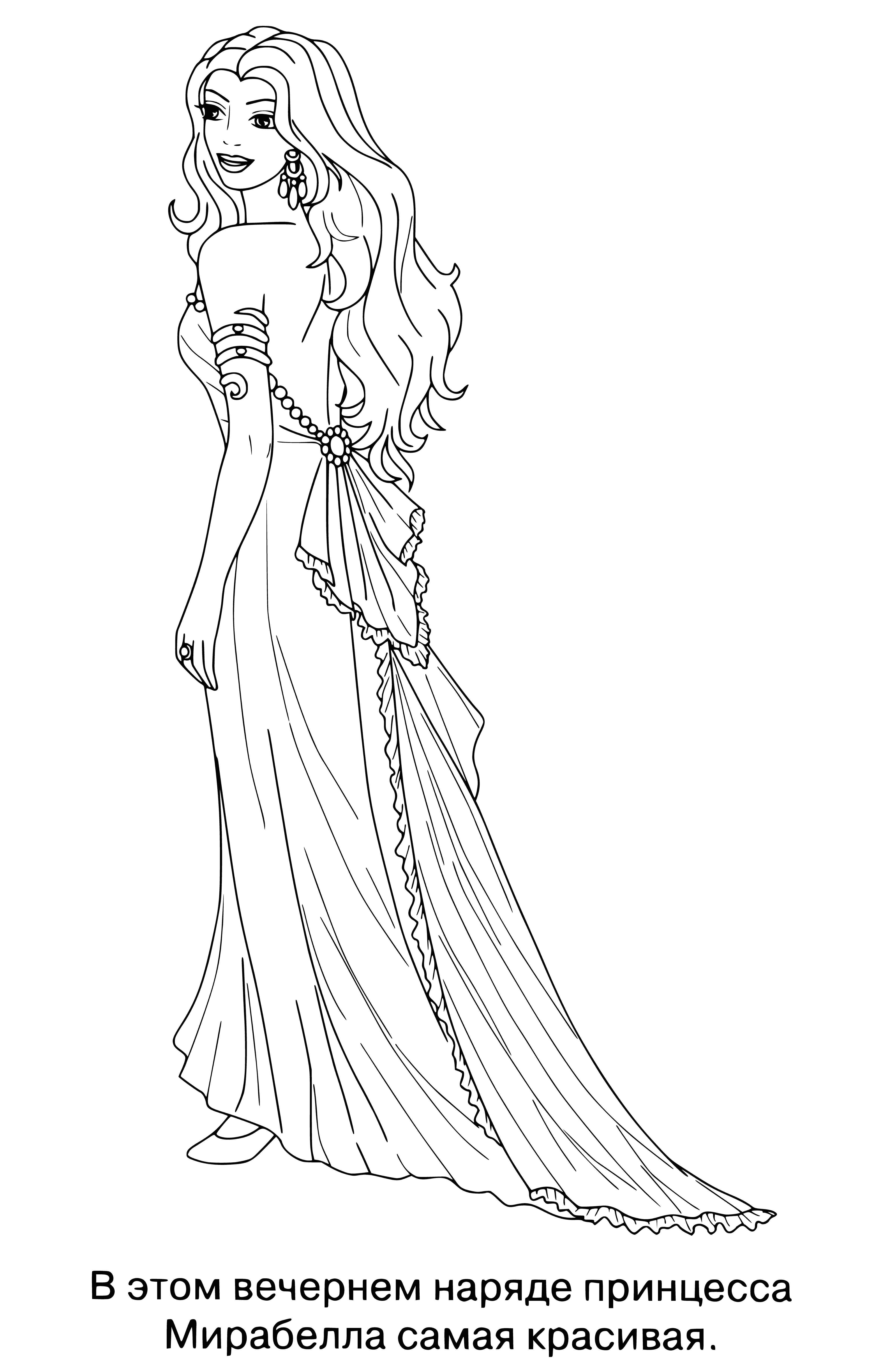 coloring page: Little girl in pink princess dress stands before a large castle, holding wand and looking adoringly with blue eyes and blonde hair.