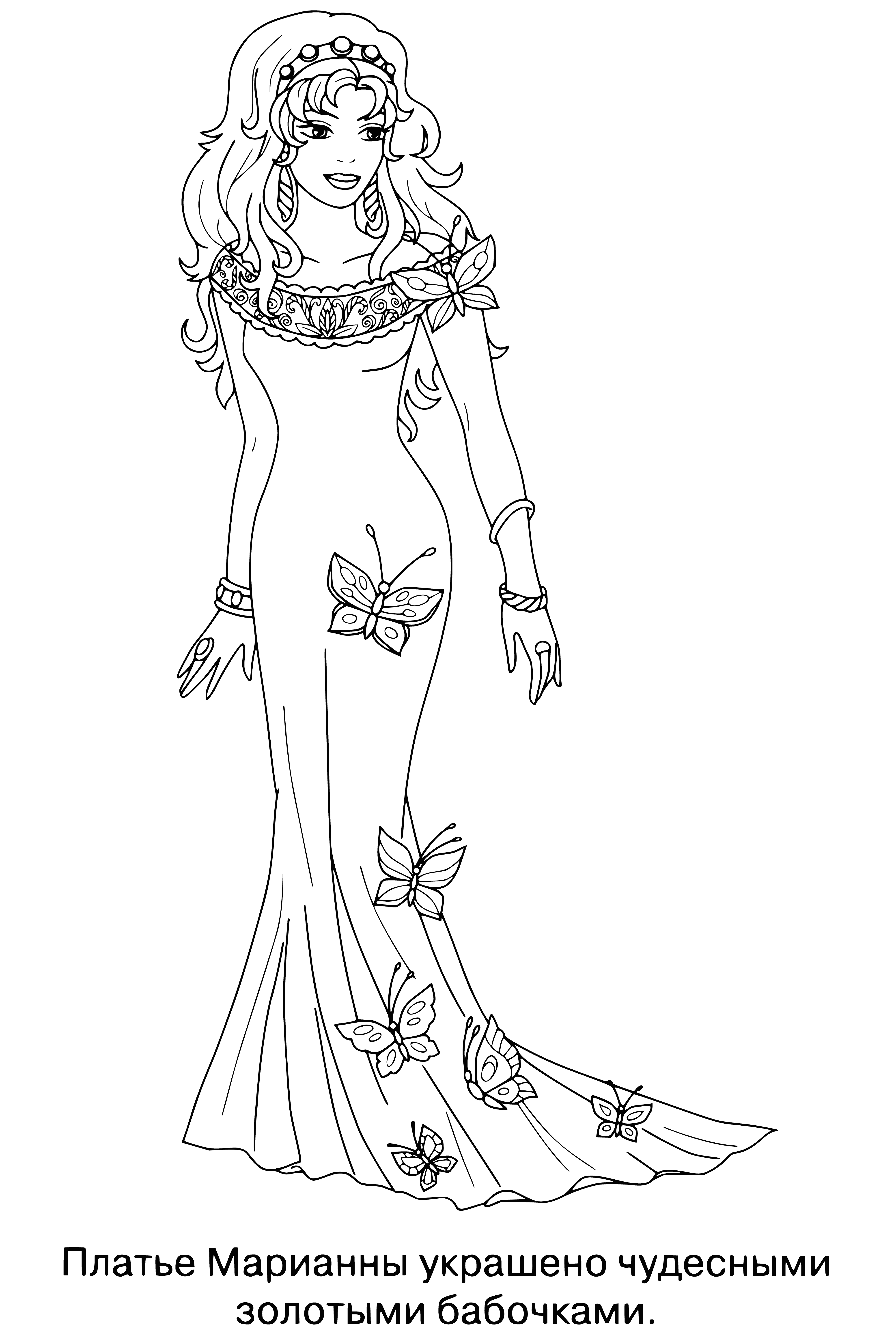 coloring page: Little girl, crown & scepter in-hand, waits atop throne in pink princess gown.