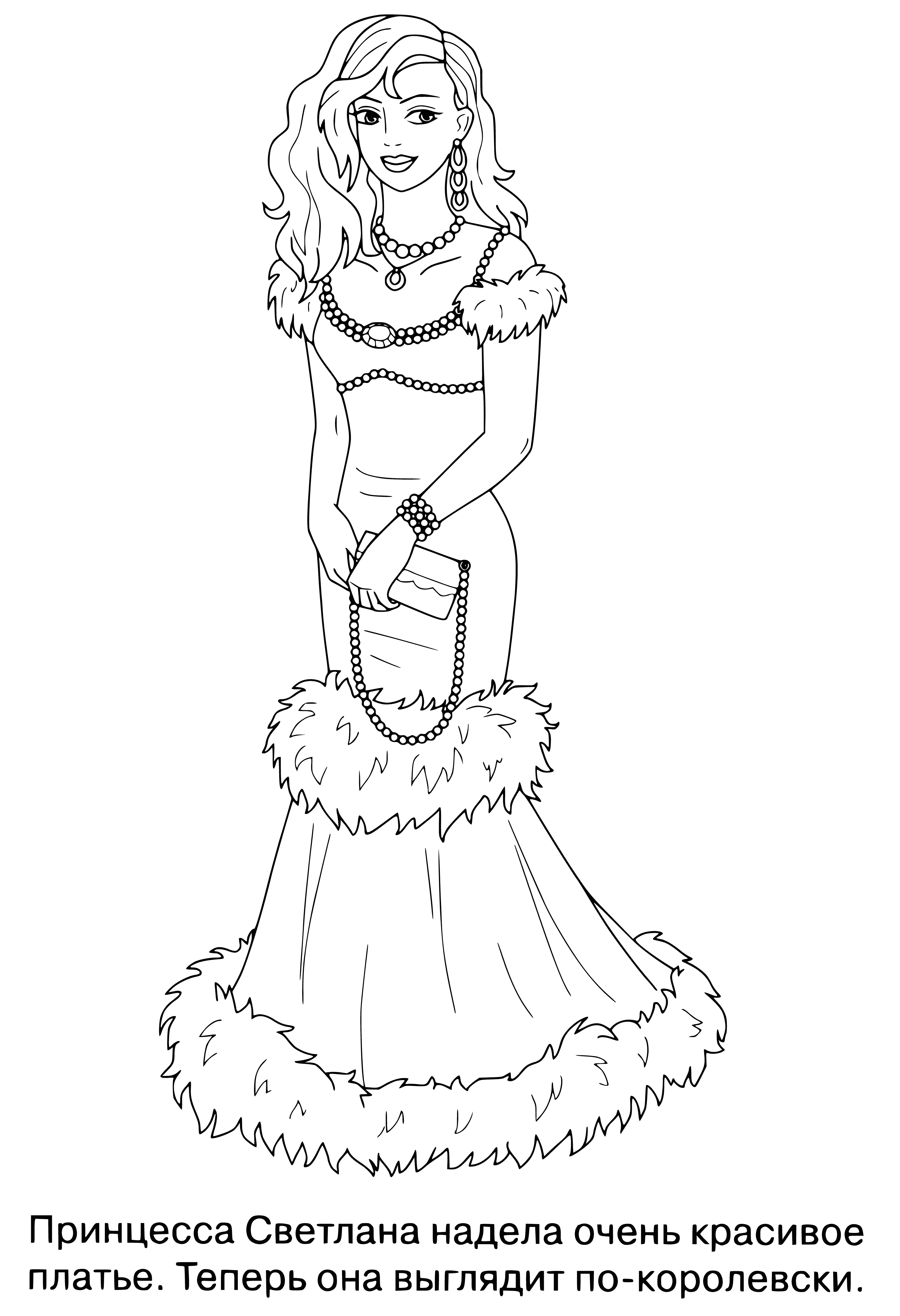 coloring page: Svetlana is a beautiful princess w/ a pink dress & bow, holding a pink flower & a white rabbit by her side.