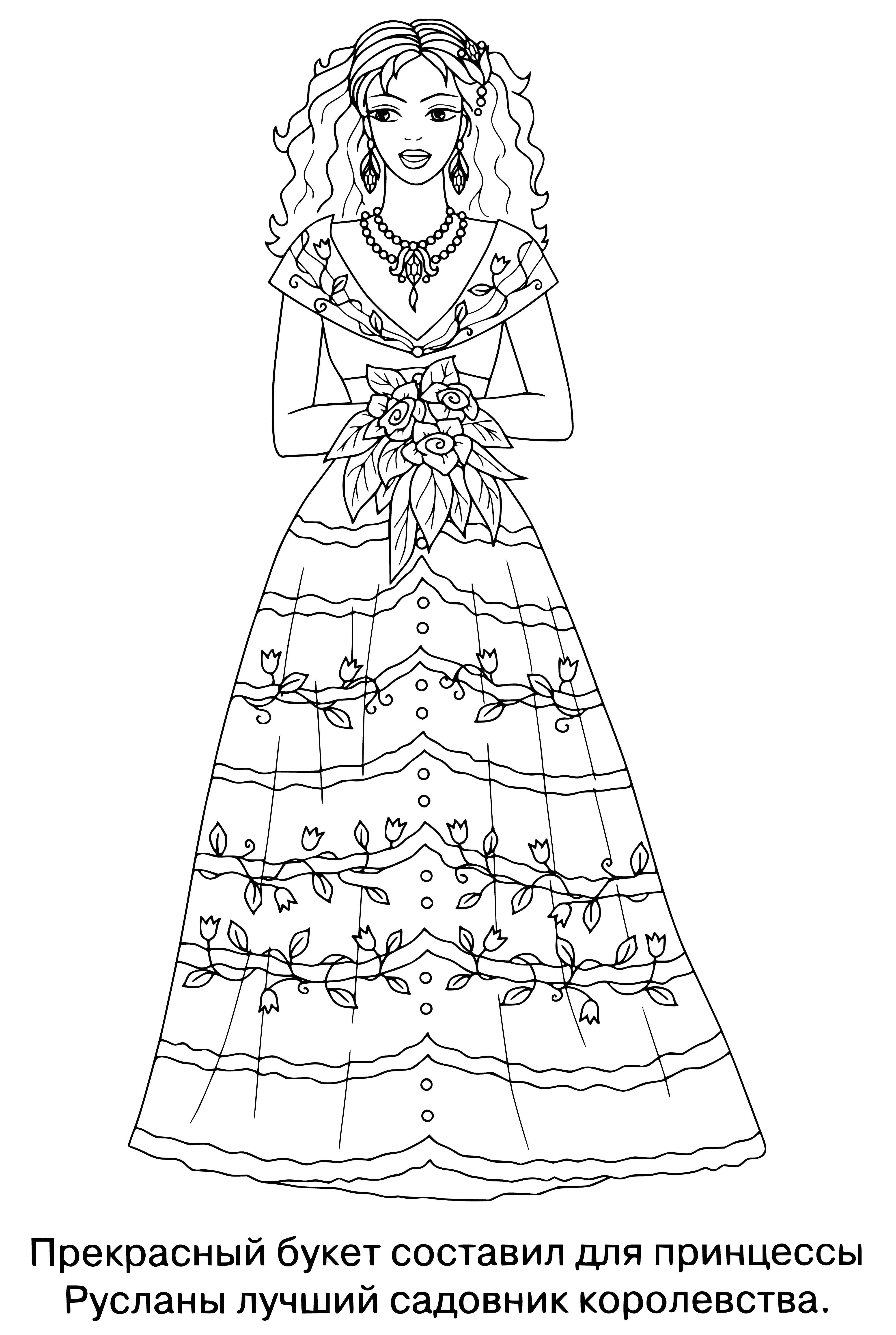 coloring page: Beautiful young princess w/ pale skin, long dark hair & pink dress casts a spell w/ wand, surrounded by a group of castle towers.