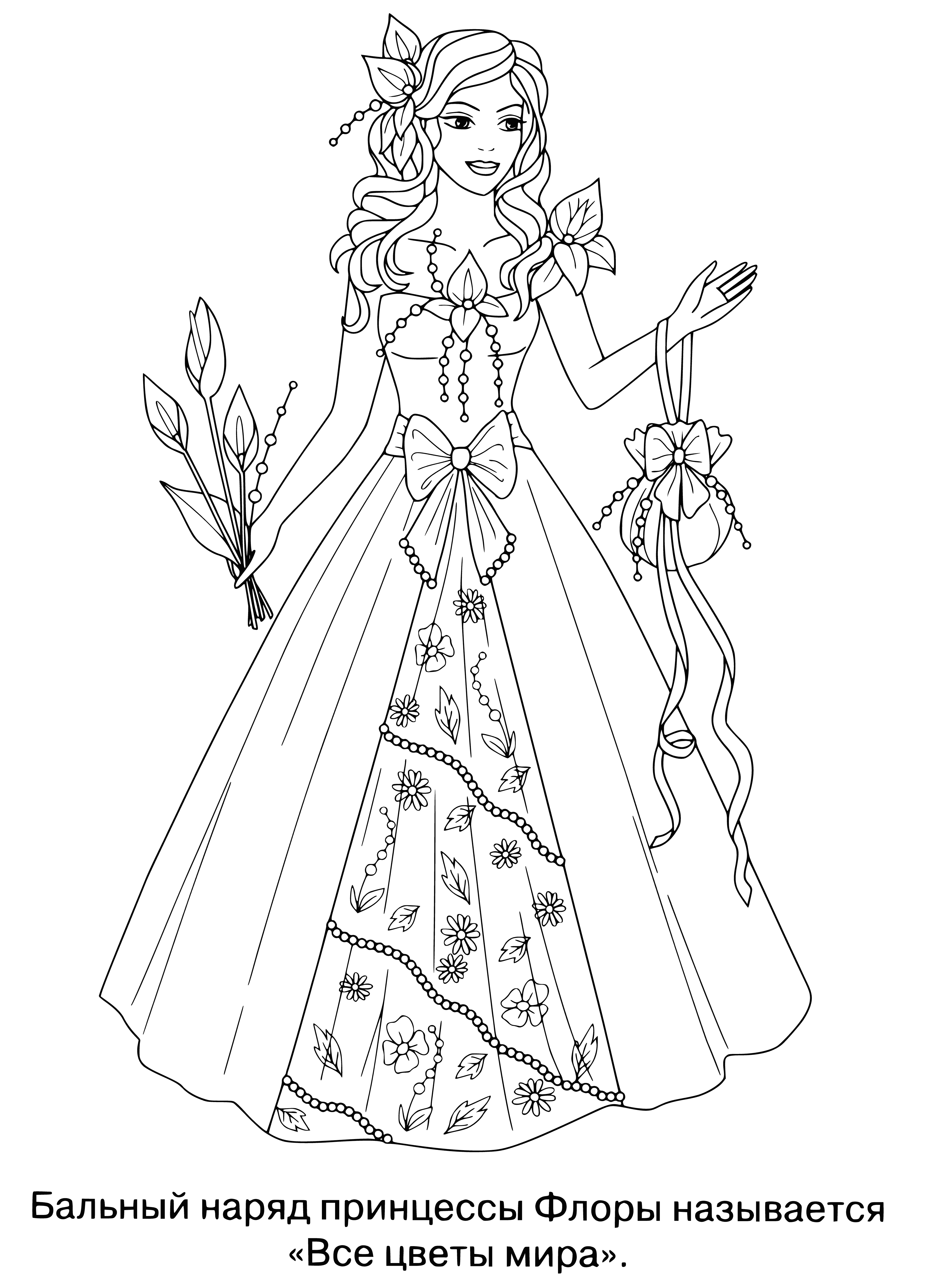 coloring page: Princess with long blonde hair wearing a tiara & pink dress stands in a flowery garden.