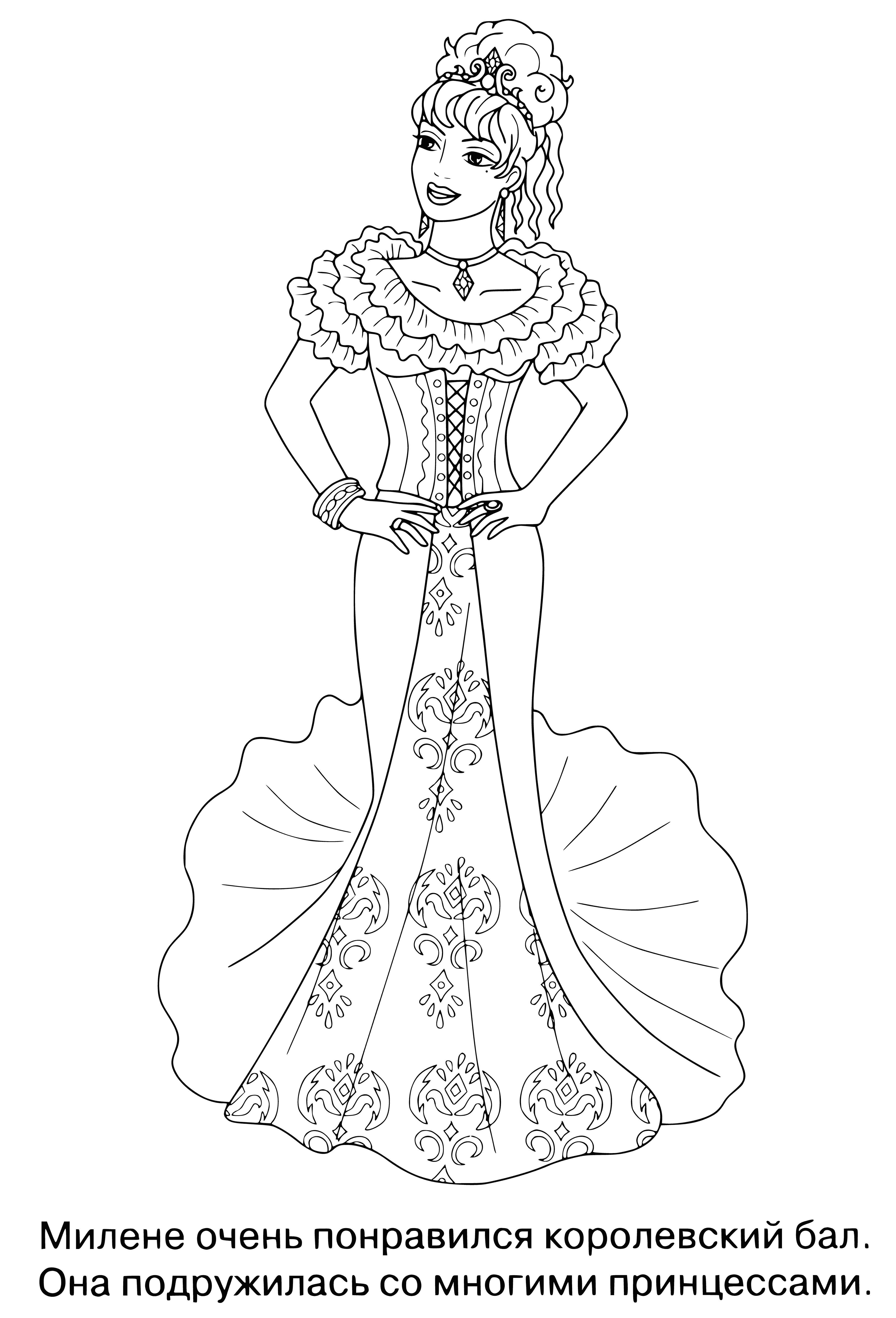 coloring page: Little girl with long blonde hair wears pink dress and tiara, happily coloring a castle.