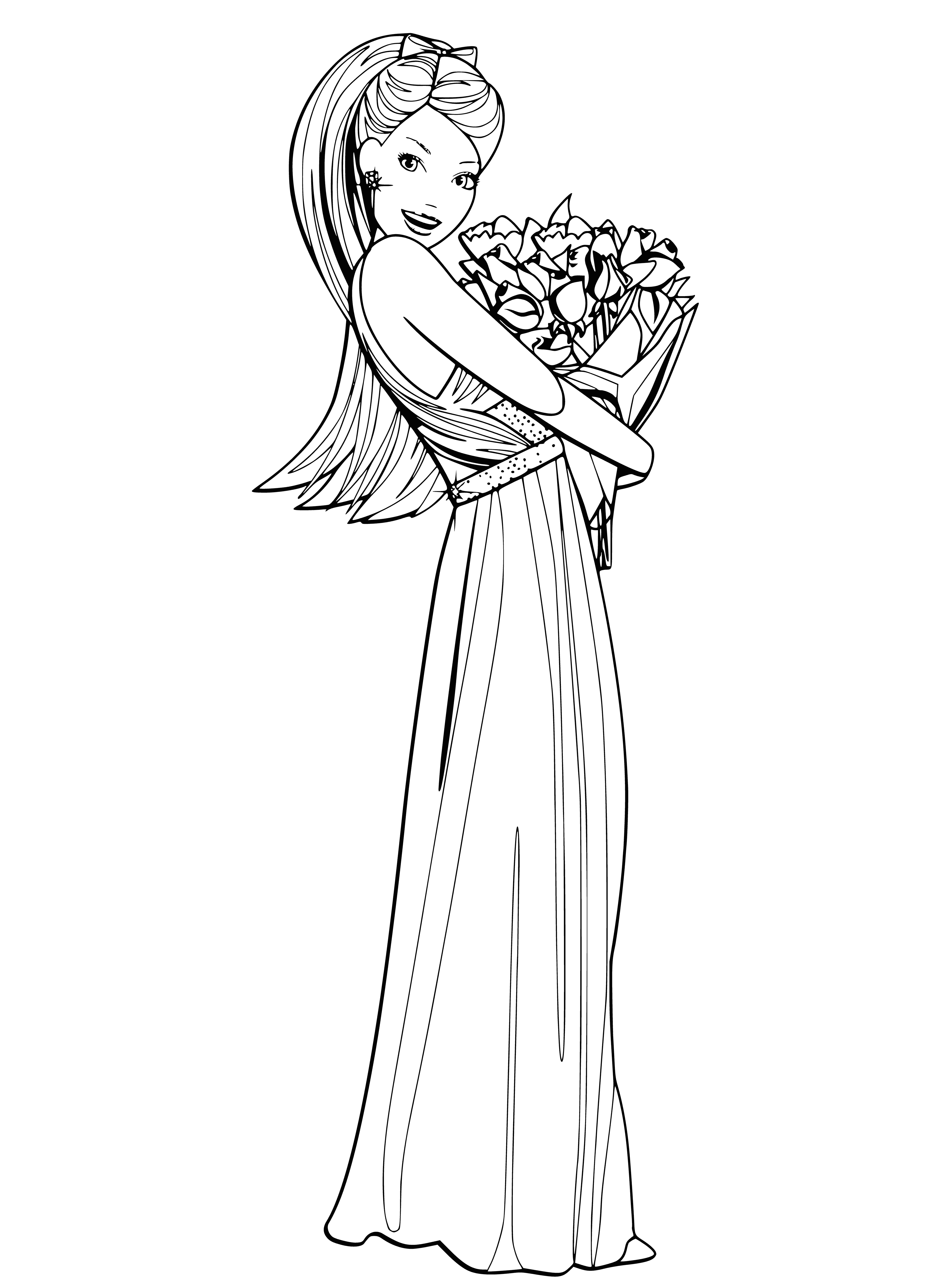 coloring page: Barbie smiles in a pretty pink dress, holding a bouquet of roses. #ShesGotStyle
