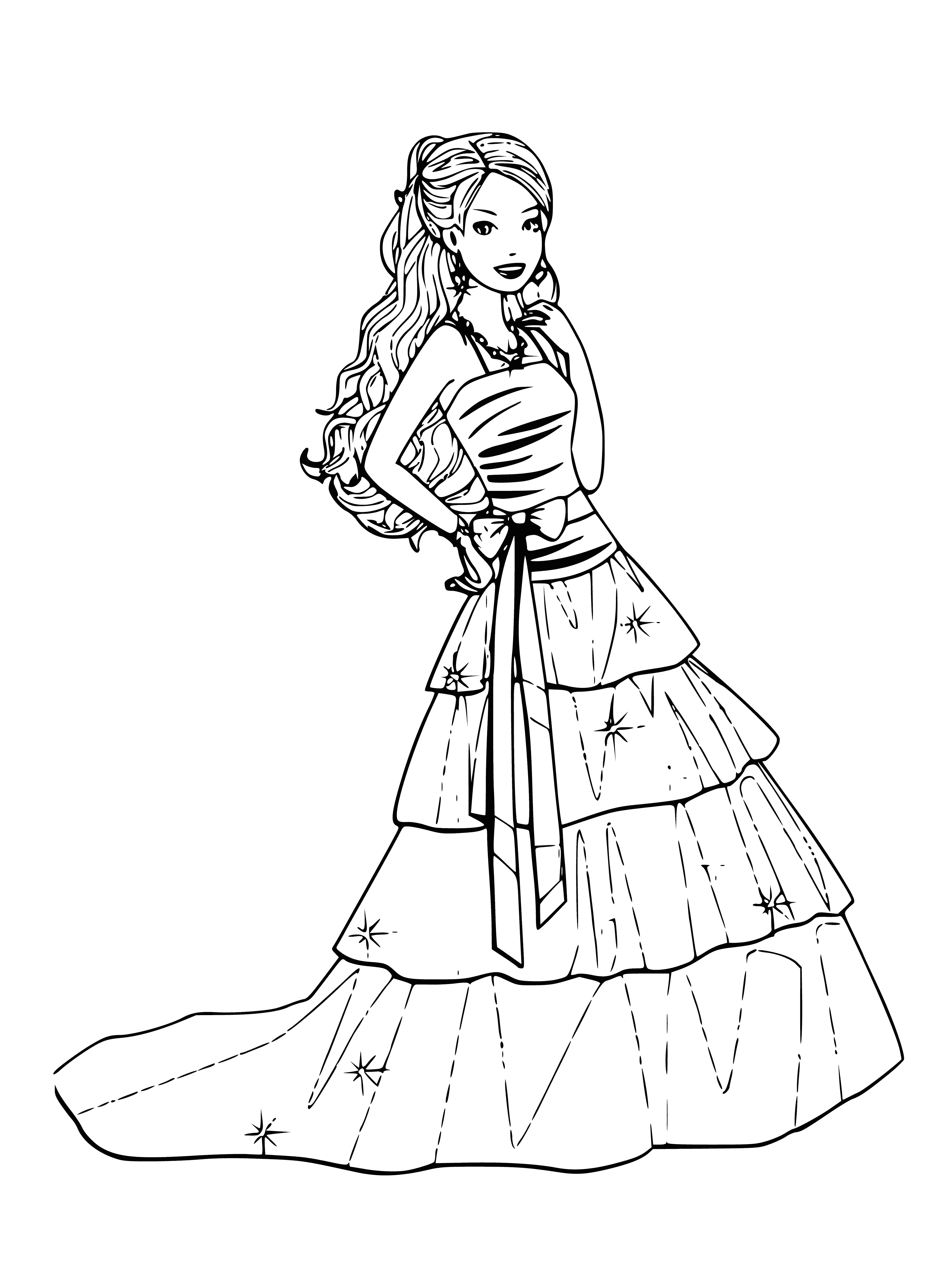 coloring page: Barbie wears an elegant white dress with a black ribbon, black heels, and accessorizes with pearl earrings and necklace. Her hair is styled in a loose bun.