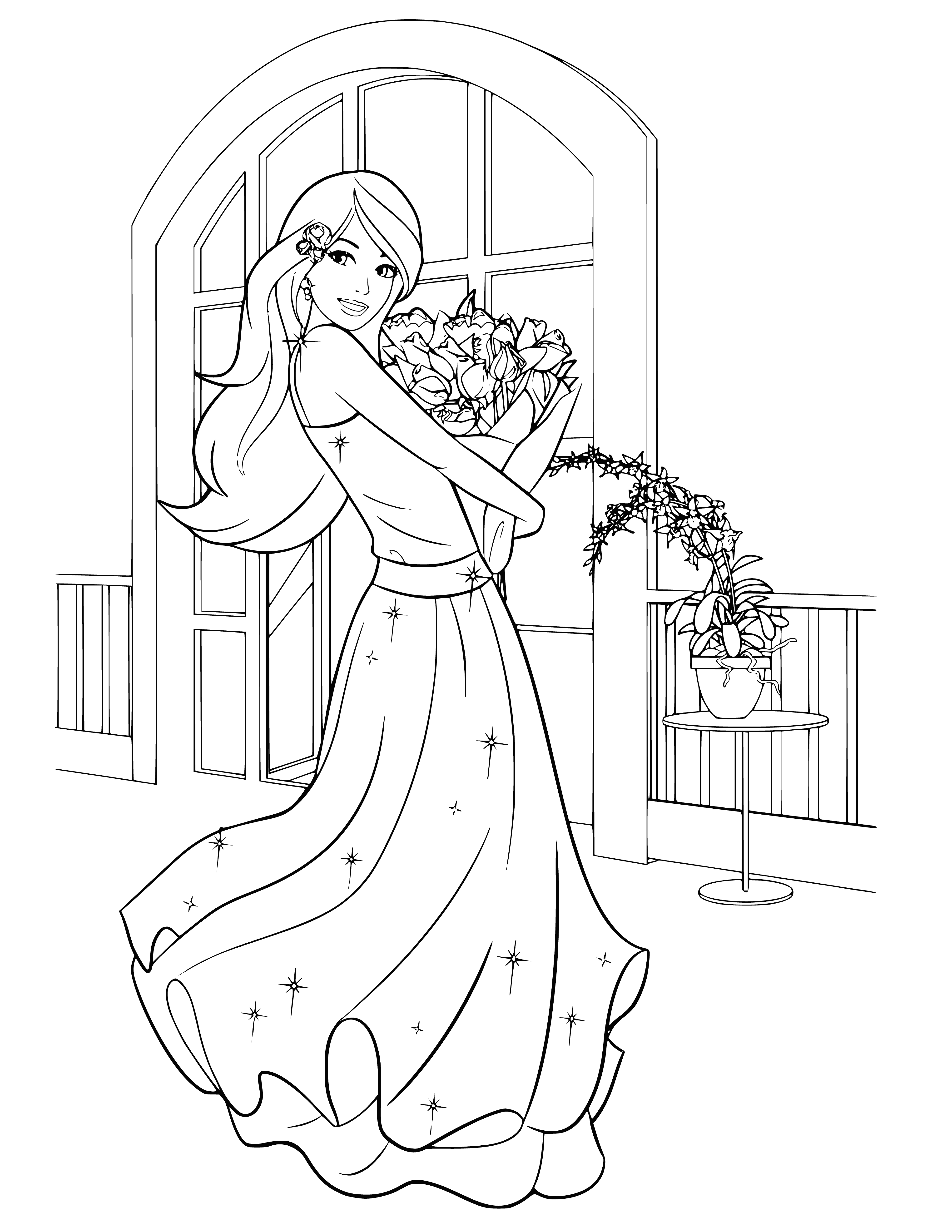 coloring page: Barbie beaming with a big bouquet of flowers in her hands, dressed in pink and with an updo of loose curls. #BarbieLove