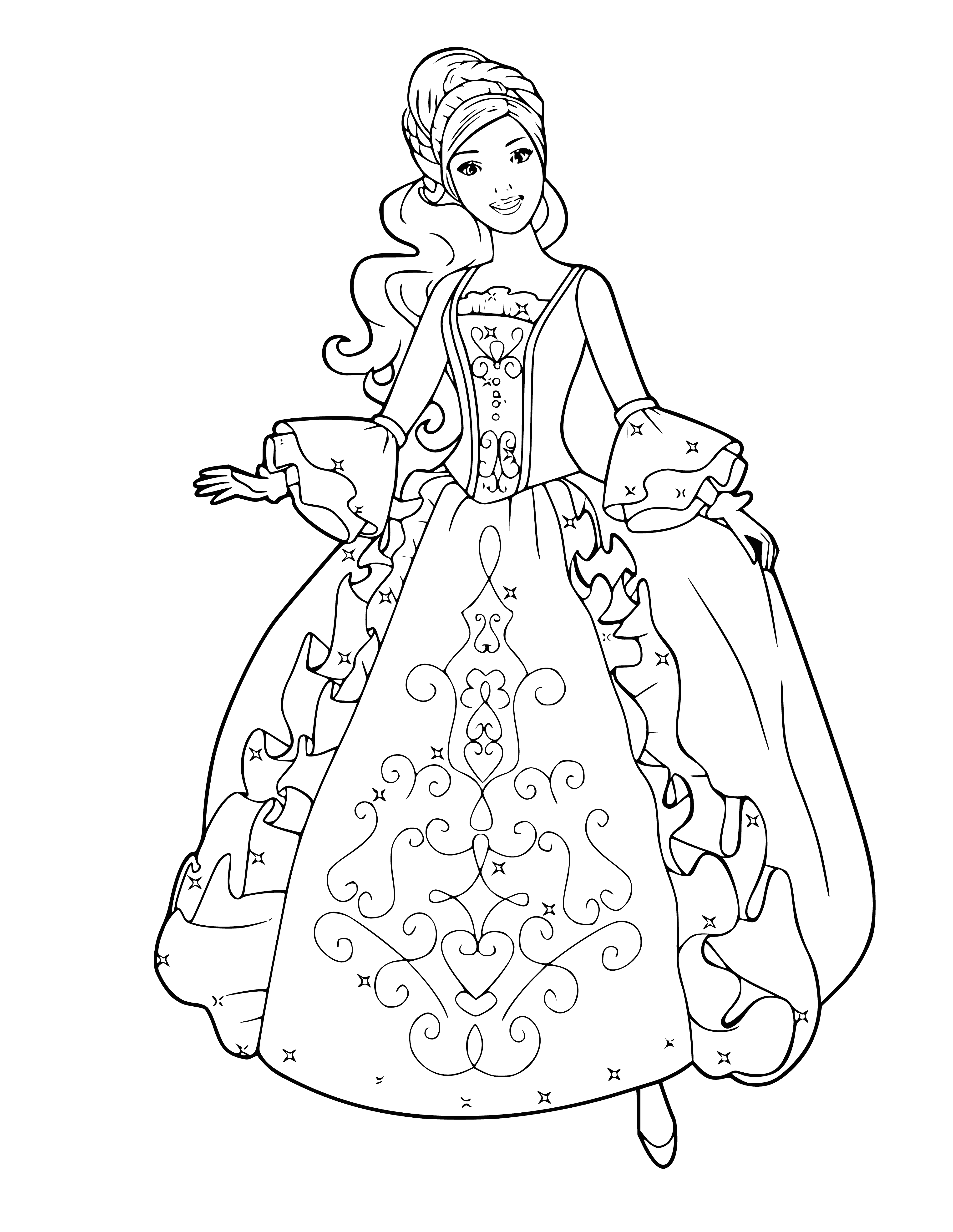 coloring page: Barbie wearing white dress, pink sash+bow, pink purse+bracelet, standing in front of a mirror. Reflection visible in mirror.