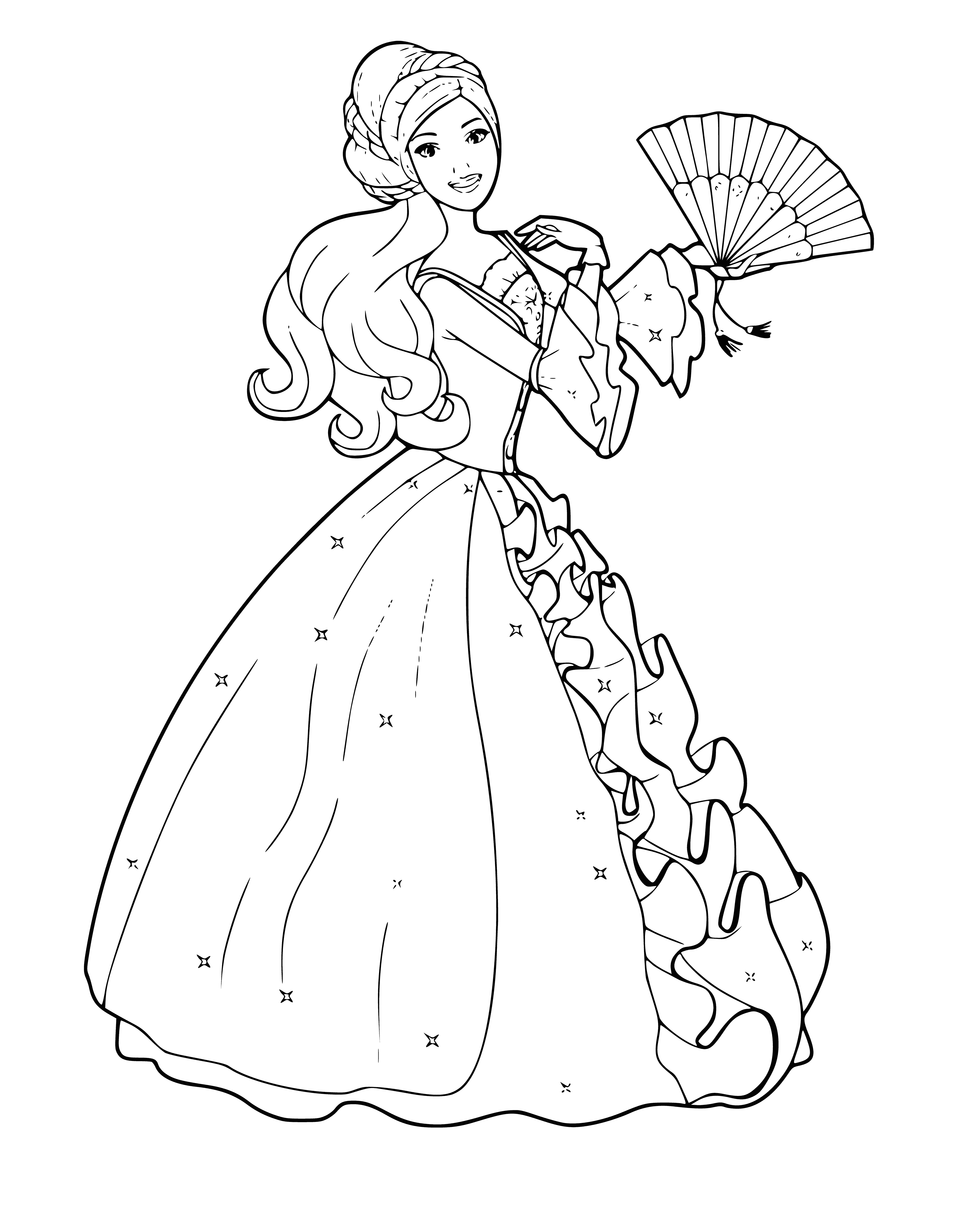 coloring page: Barbie holds pink fan, wearing pink strapless dress, blonde hair in ponytail, hand on hip.