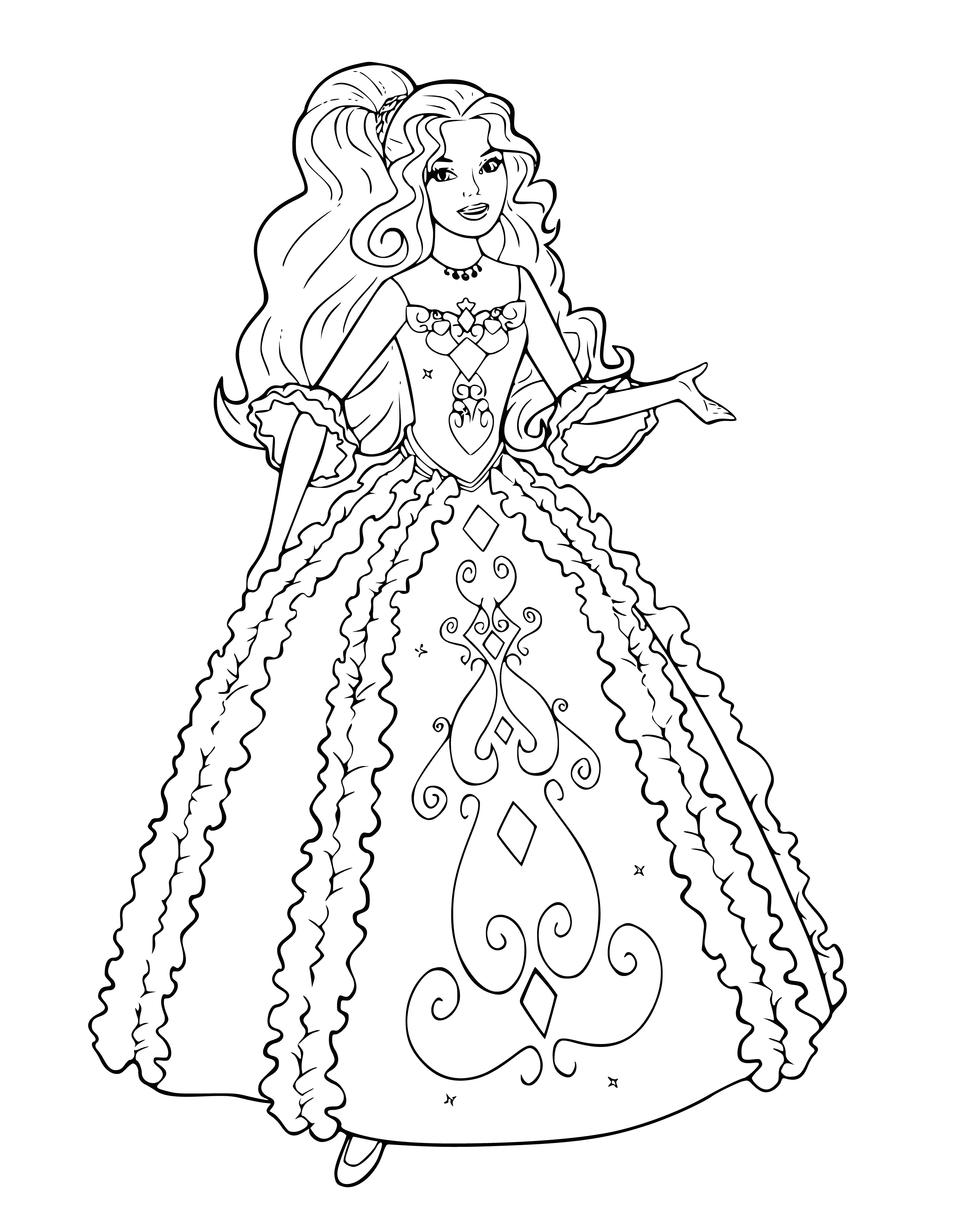 coloring page: Barbie stands in a fancy blue dress & bun, holding a purse & blue earrings in front of a big castle. #dreamlife