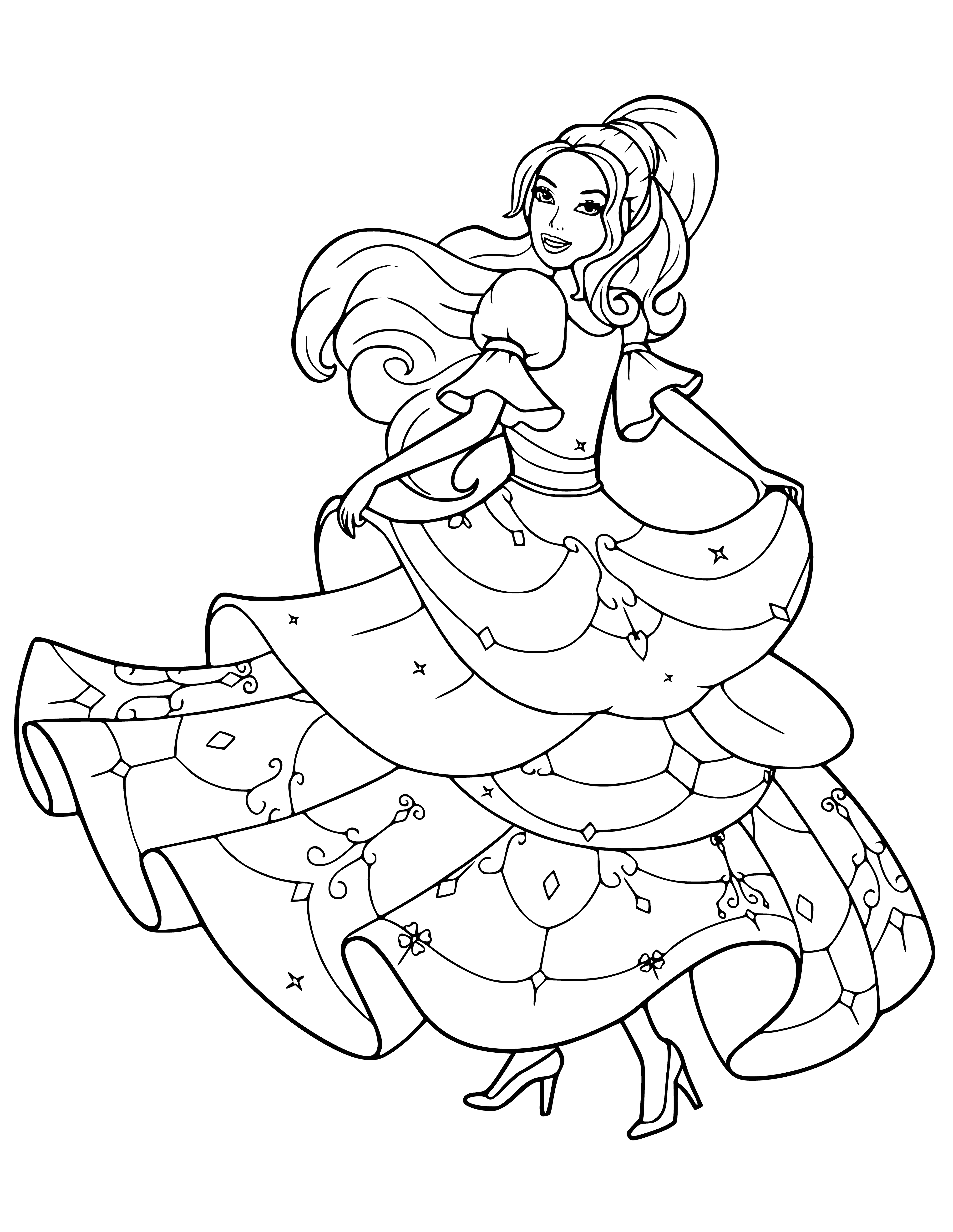 coloring page: Barbie dances in a pink dress with black belt, shoes, blonde hair and blue eyes. #Barbie