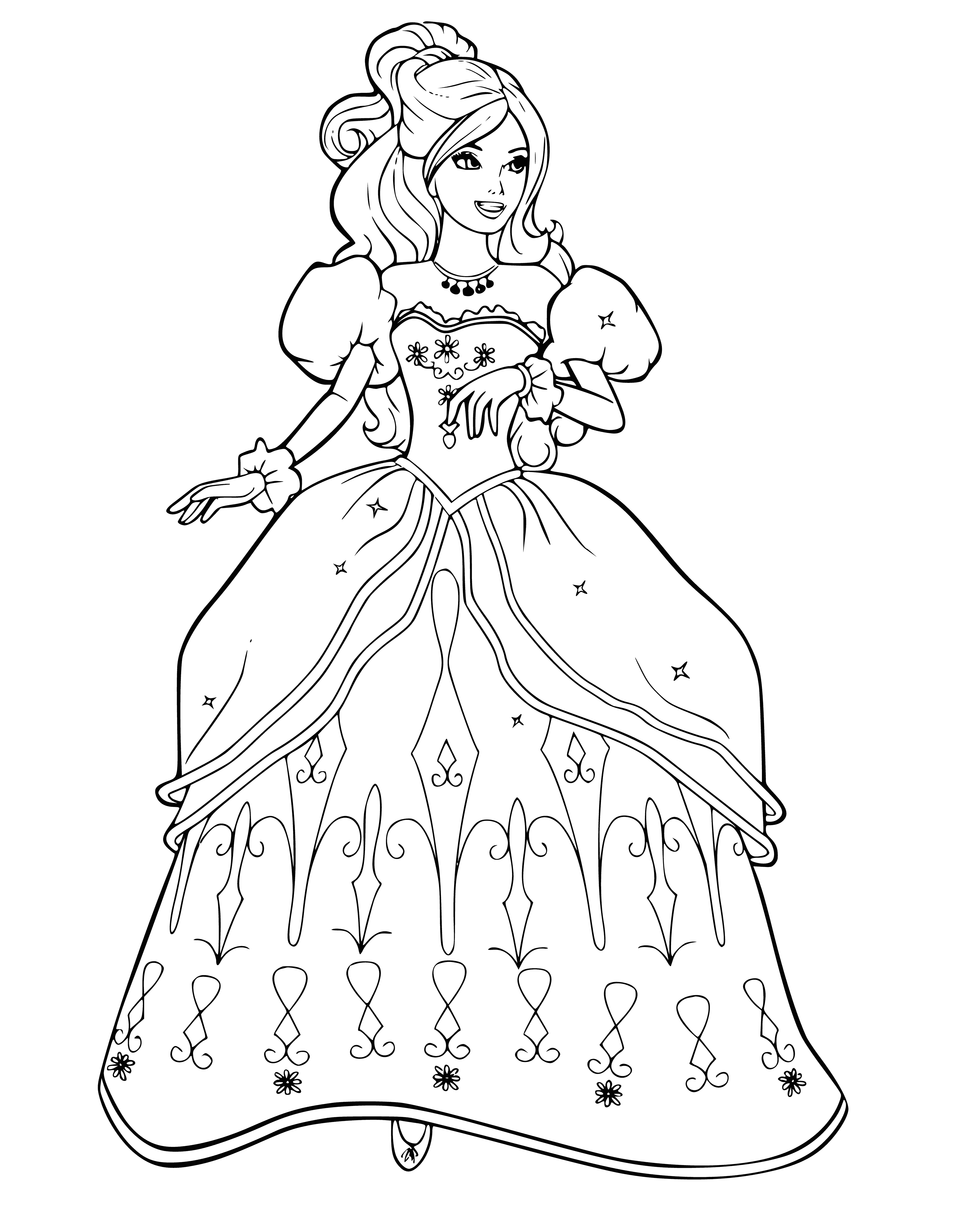 coloring page: Barbie sports a white dress w/ light purple & pink accents, bare arms & shoulders, cascading fabric, purple ribbon, statement necklace & pink shoes.