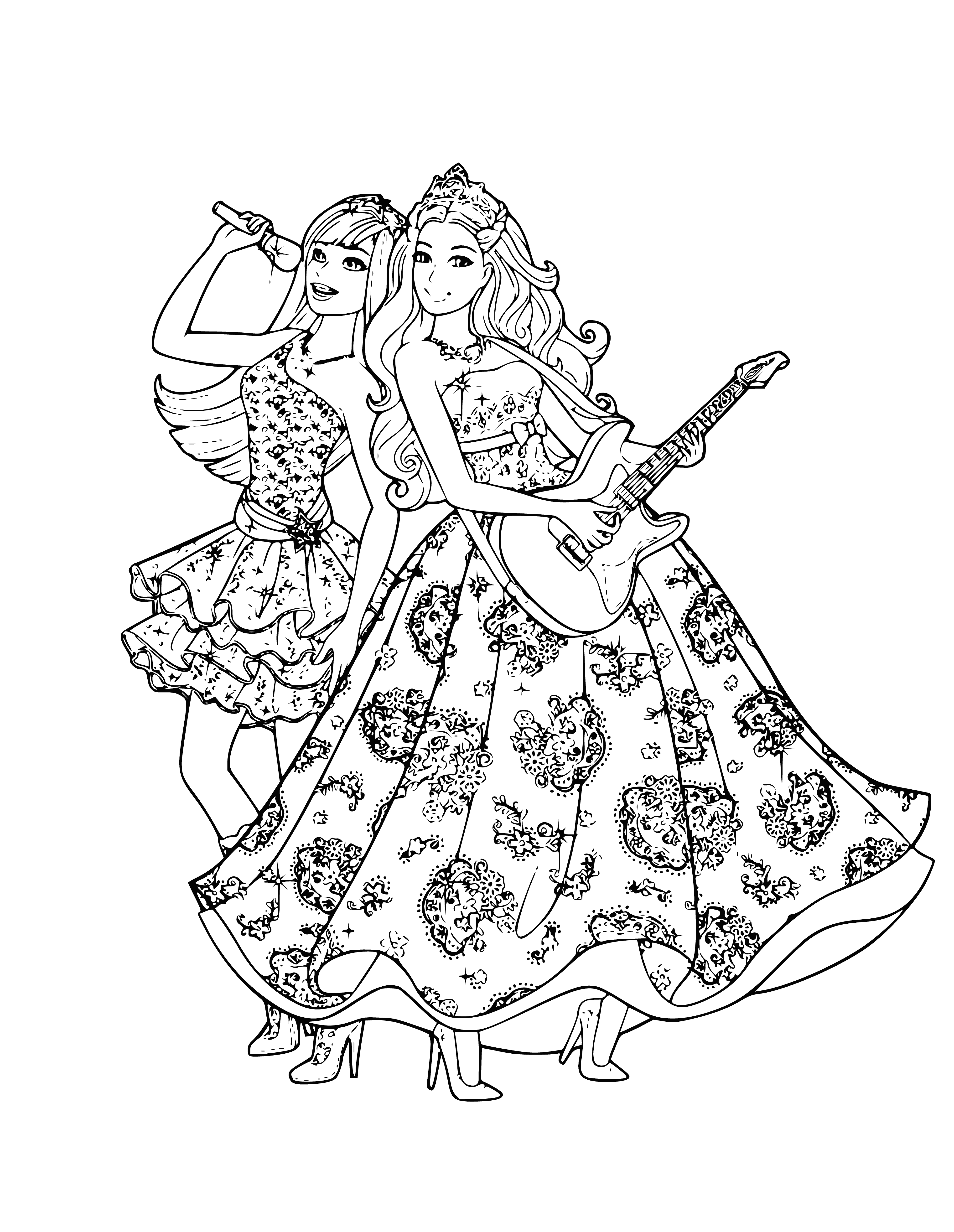 coloring page: Barbie singing proudly into a mic in a sparkly pink dress, curled & styled blonde hair, high heels. #GirlPower #Singing