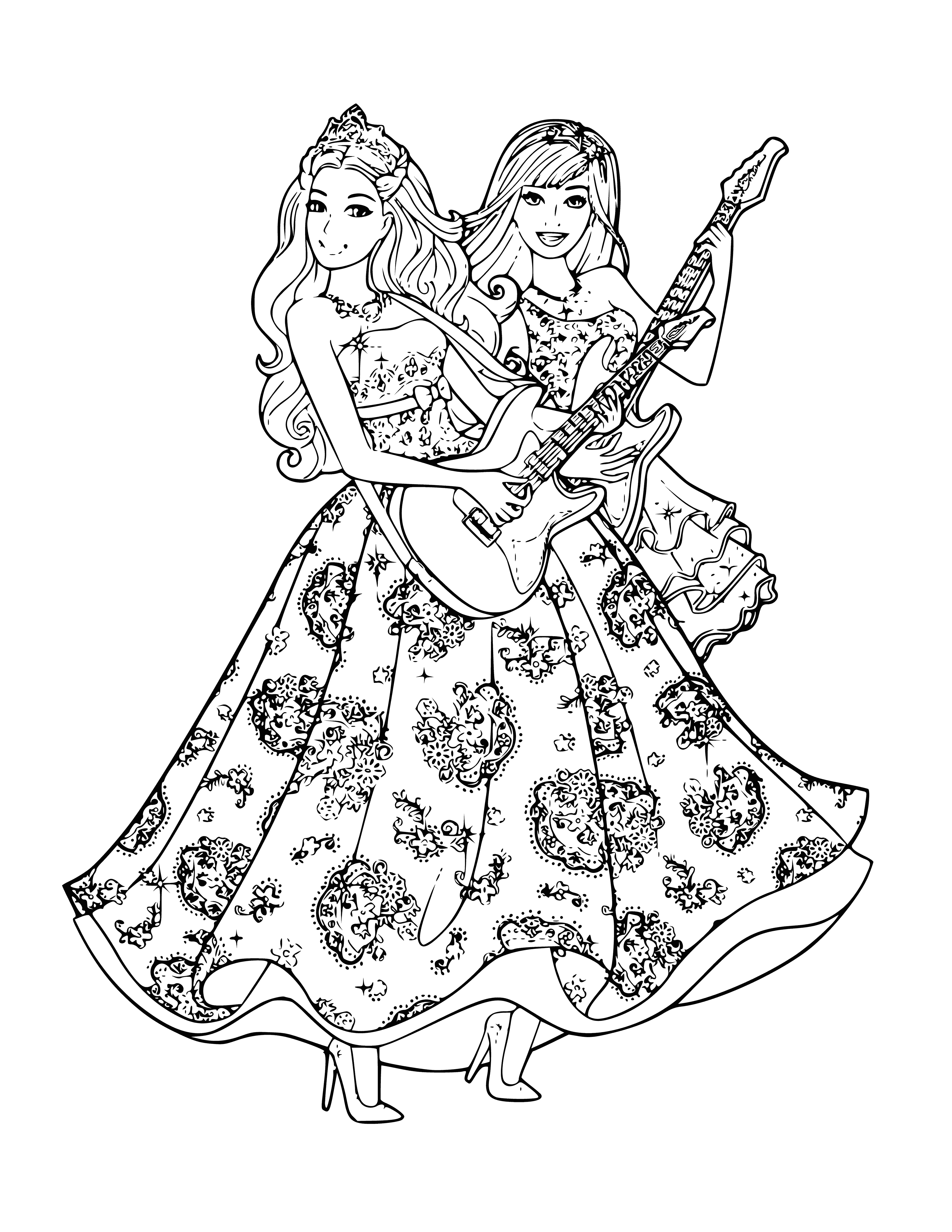 coloring page: Barbie stands in a yellow dress with blonde hair, a microphone and yellow bow shoes. Ready for showtime!