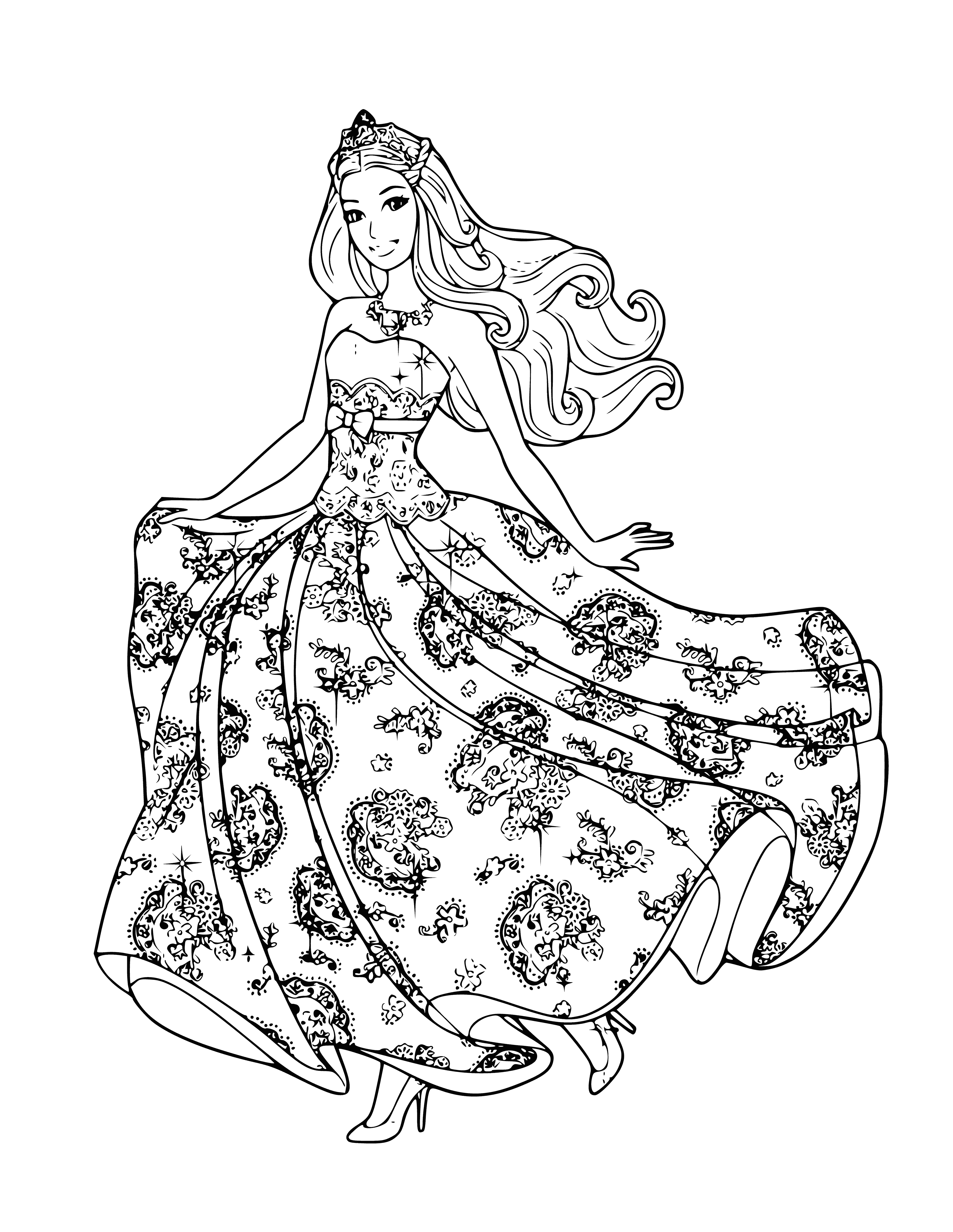 coloring page: Barbie is an elegant dancer wearing a pink dress & white bow, with beautiful blond hair & blue eyes.