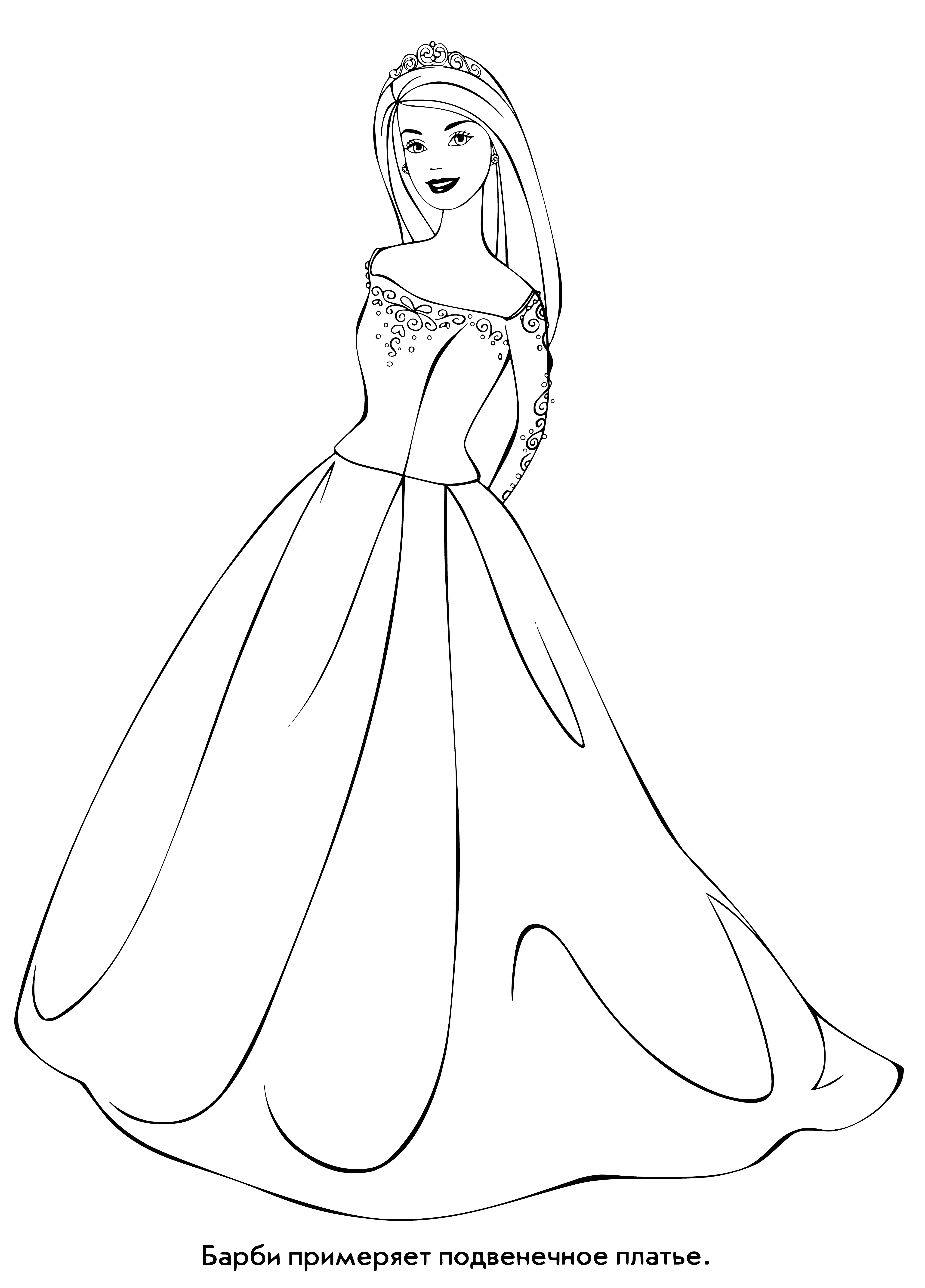 coloring page: Barbie admires herself in a wedding dress, updo & veil, clutching a bouquet of flowers in front of a mirror.