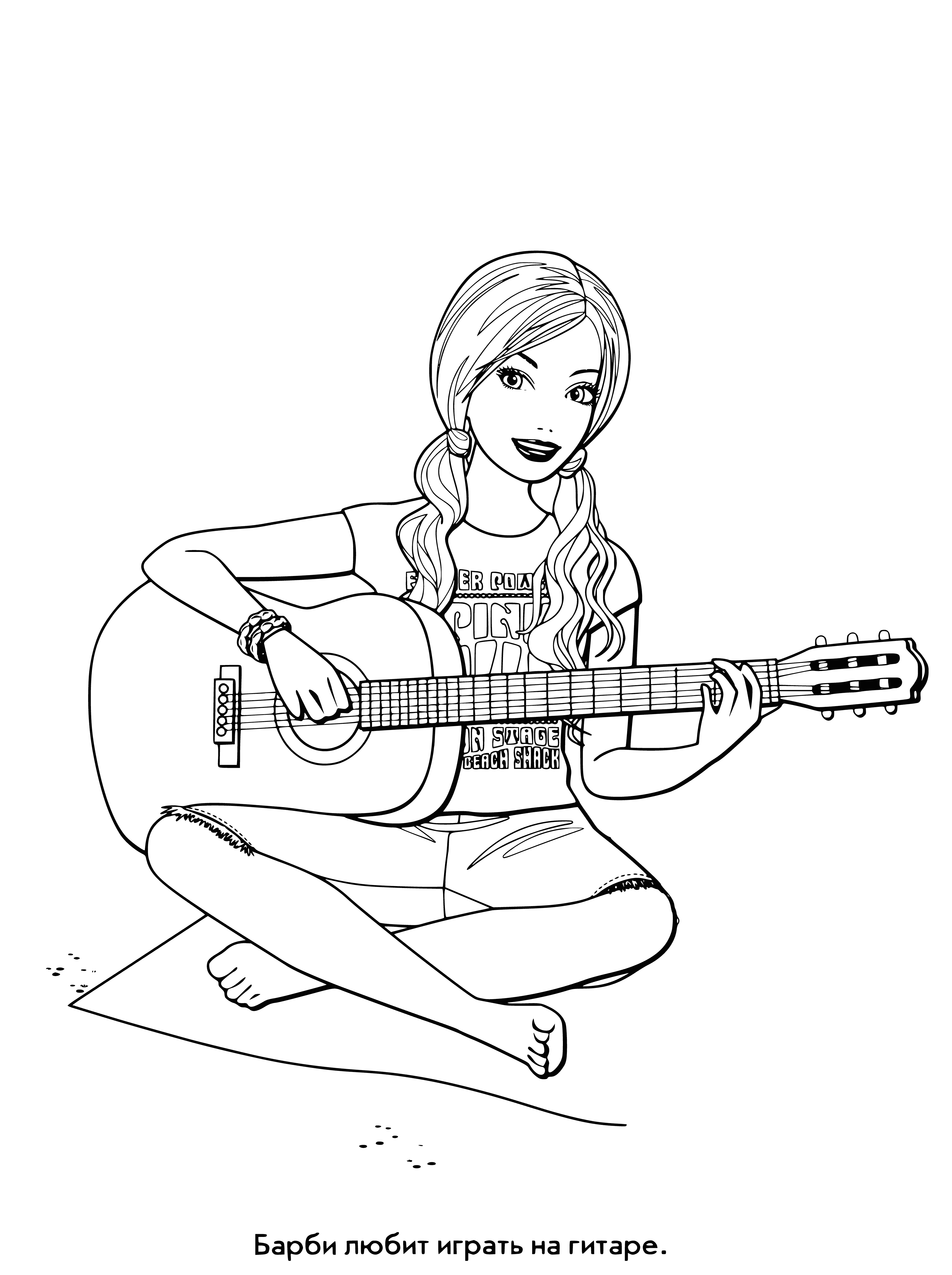 coloring page: Barbie is a blond doll with a guitar in a pink dress with white polka dots and a purple belt. #Barbie