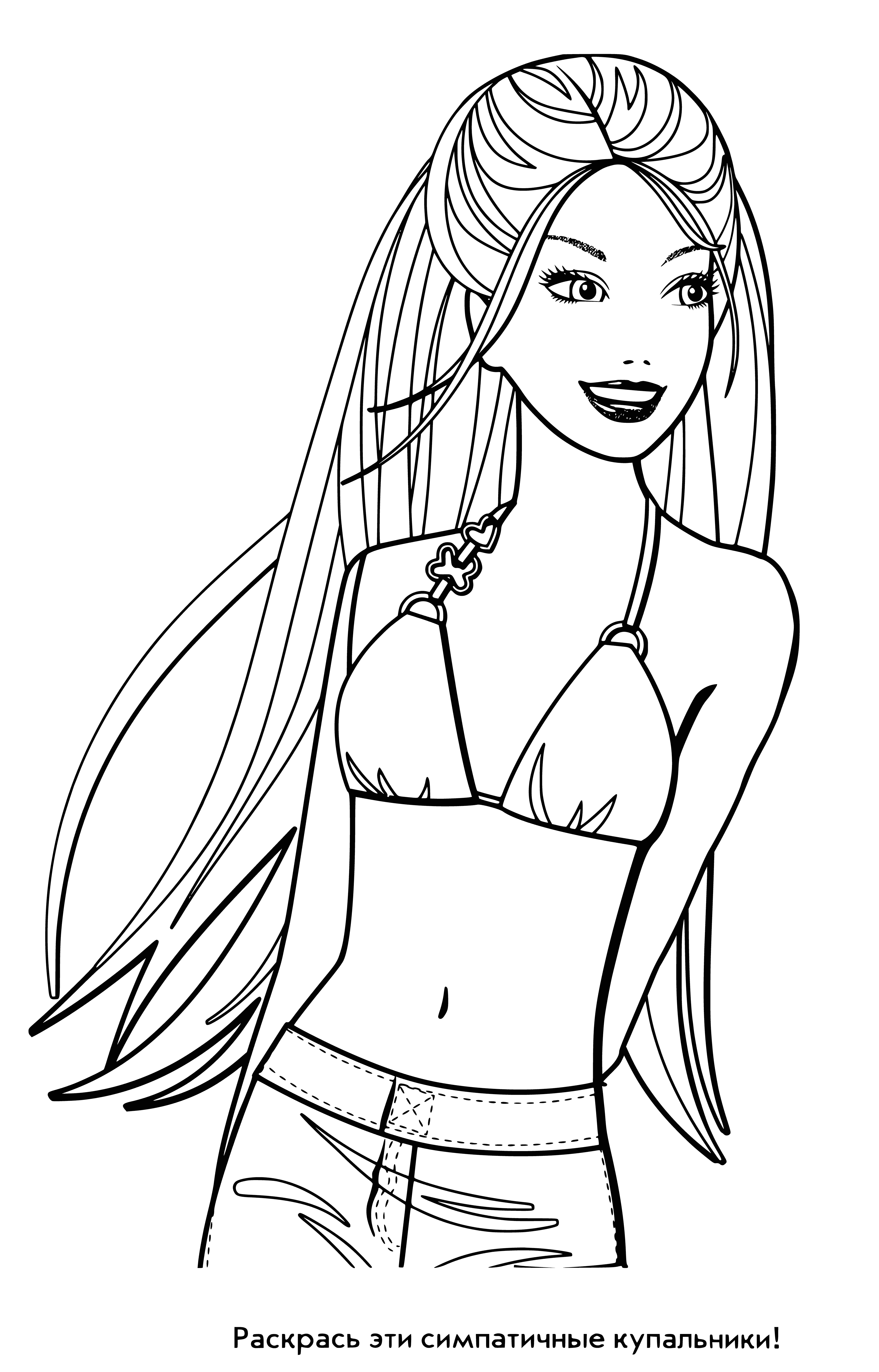 coloring page: Barbie in a polka dot swimsuit and striped ribbon. Holding a purple beach ball and wearing sunglasses.