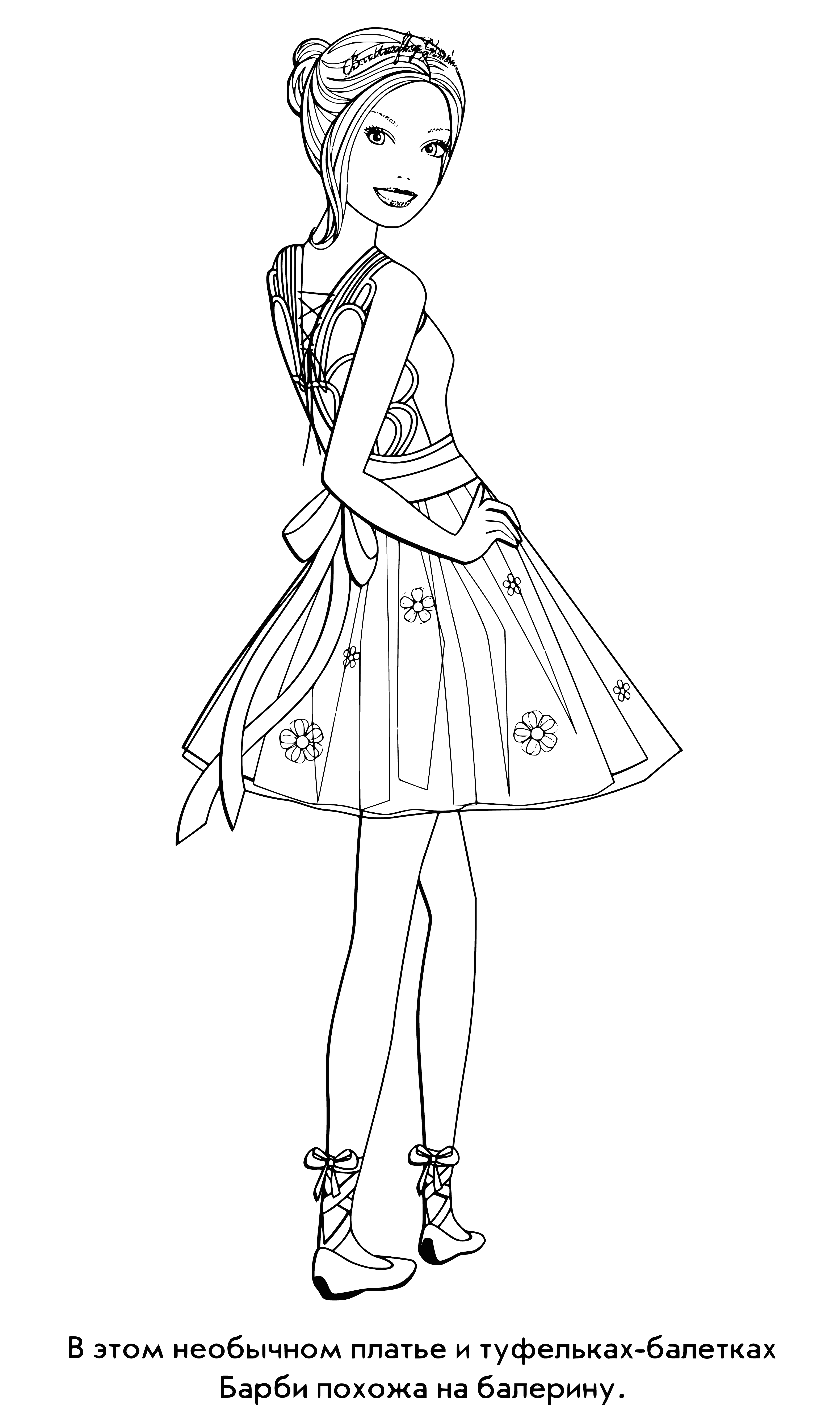coloring page: Fashionable Barbie doll in an updo with a strapless shiny pink dress and sparkly accessories. High heels complete the look. #Barbie