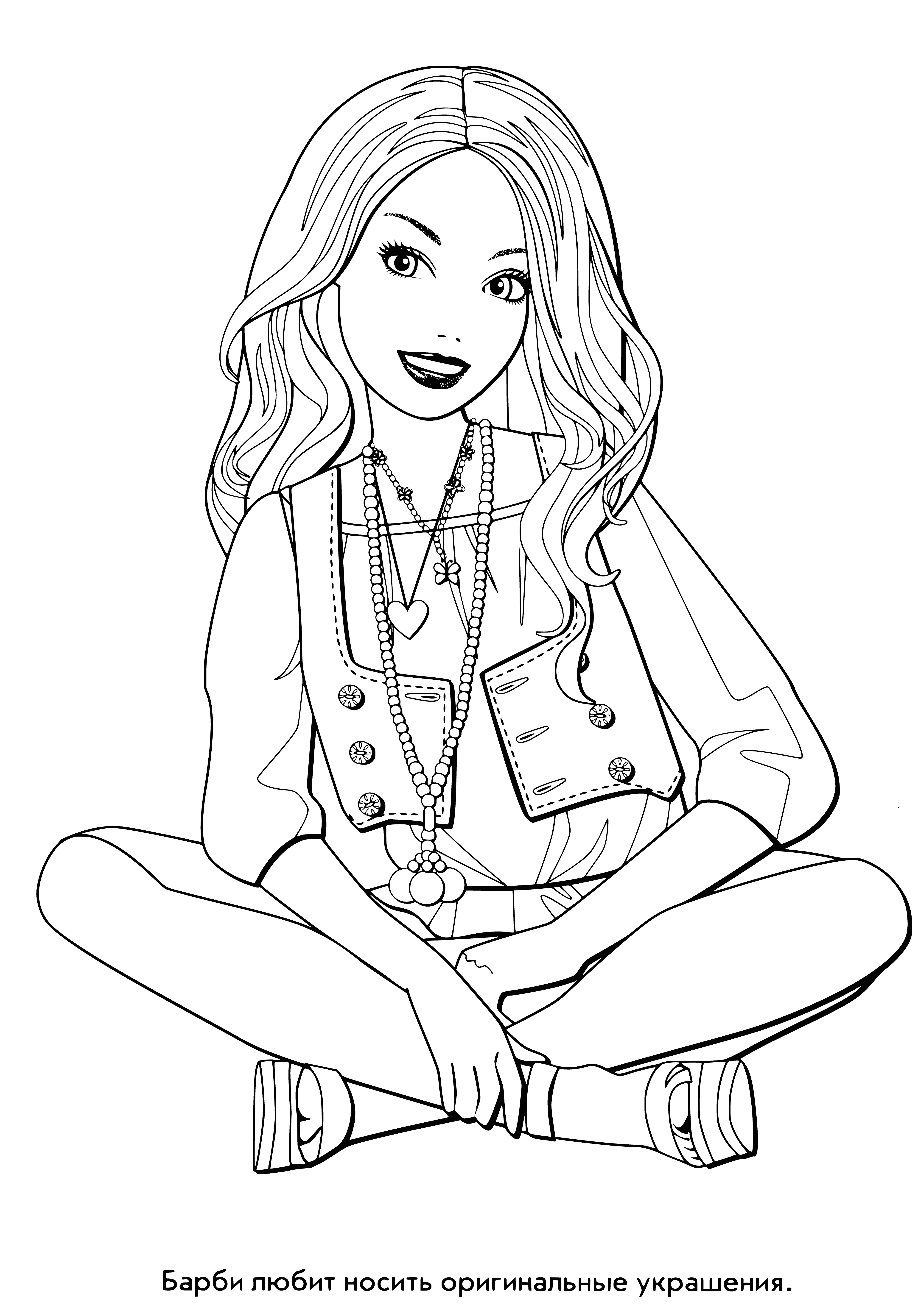 coloring page: Woman in white dress stands confidently in front of bright pink background, smiling. Hands on her hips and black belt draw attention to her waist. #confidence