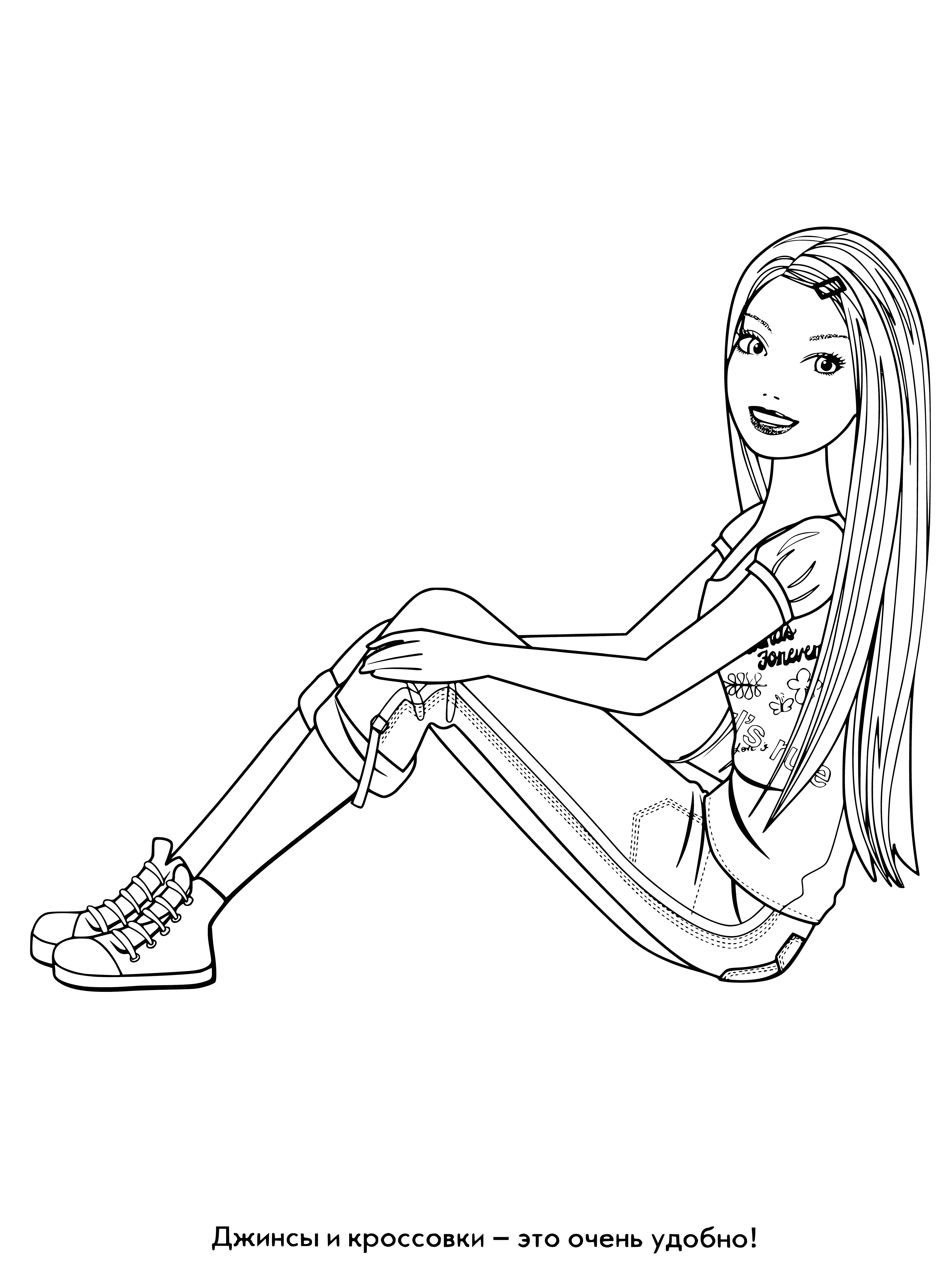 coloring page: Toy figure of woman wearing pink one-piece with ruffles & side ponytail, blue eyes & holding microphone.