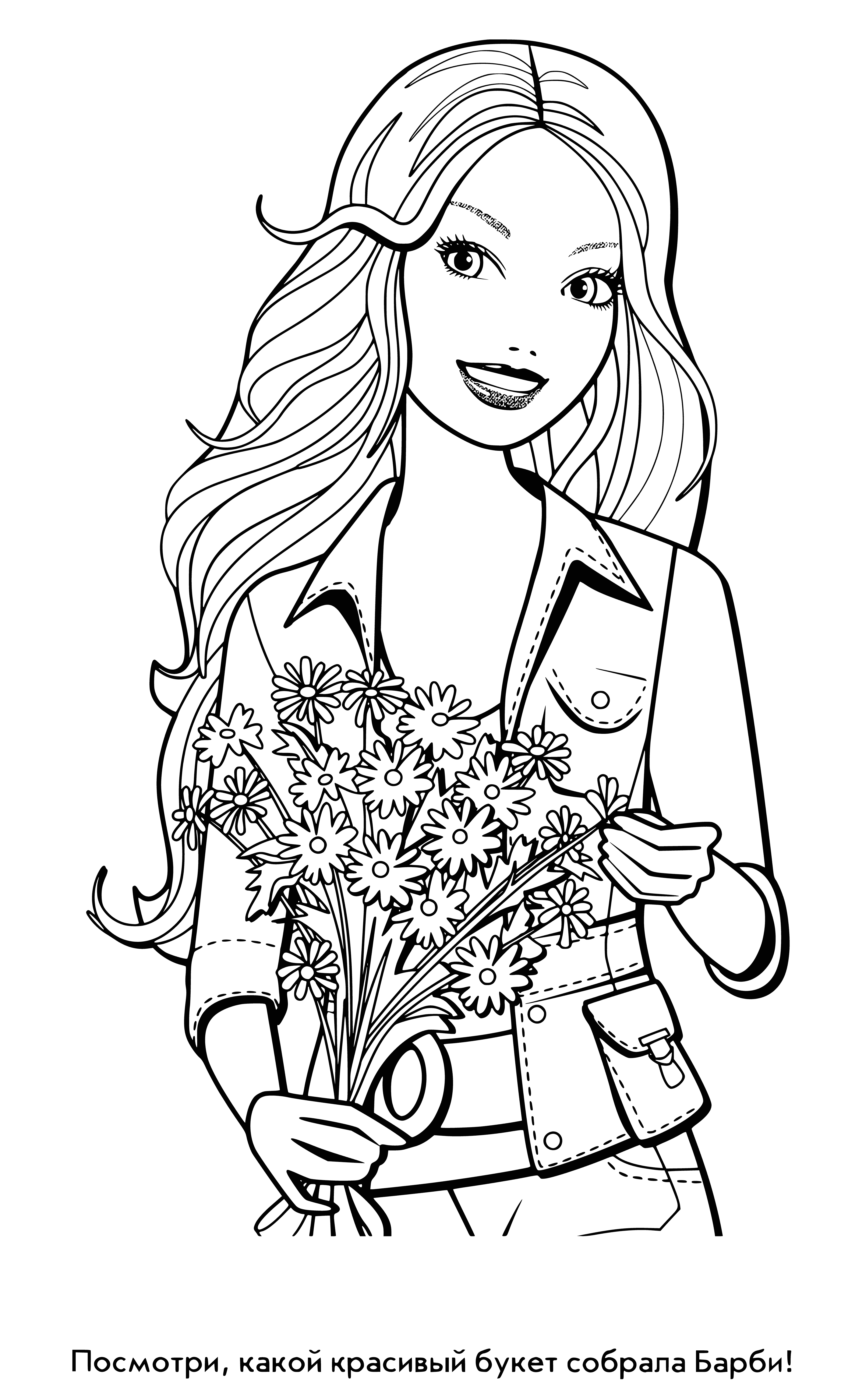coloring page: Barbie doll in pink dress holds bouquet. Blonde hair. Perfect for coloring! #coloringpages #barbiedoll