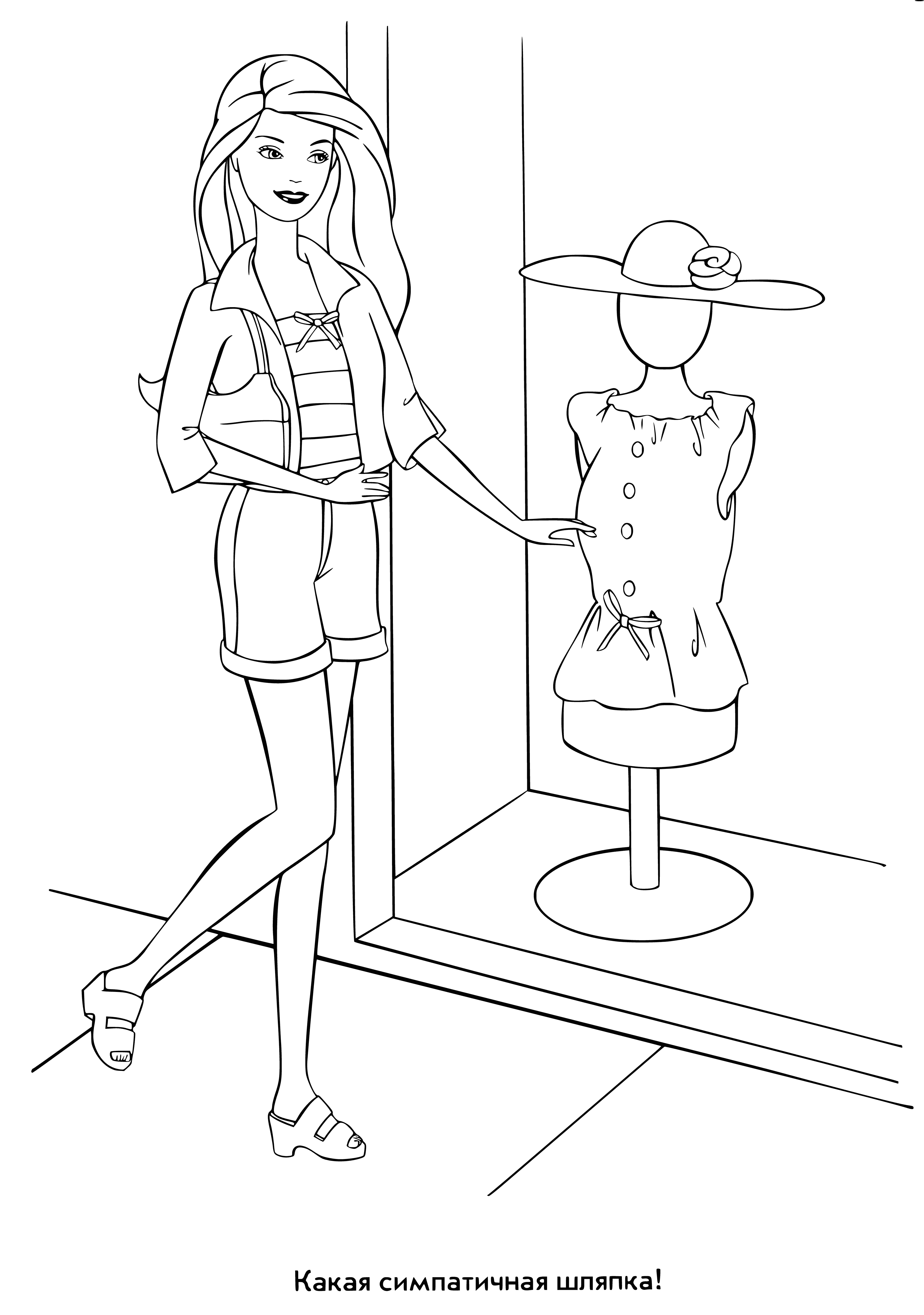 coloring page: Girl with blonde hair & blue eyes holds a pink & purple hat, wearing a pink shirt & purple skirt, admiring self in the mirror.