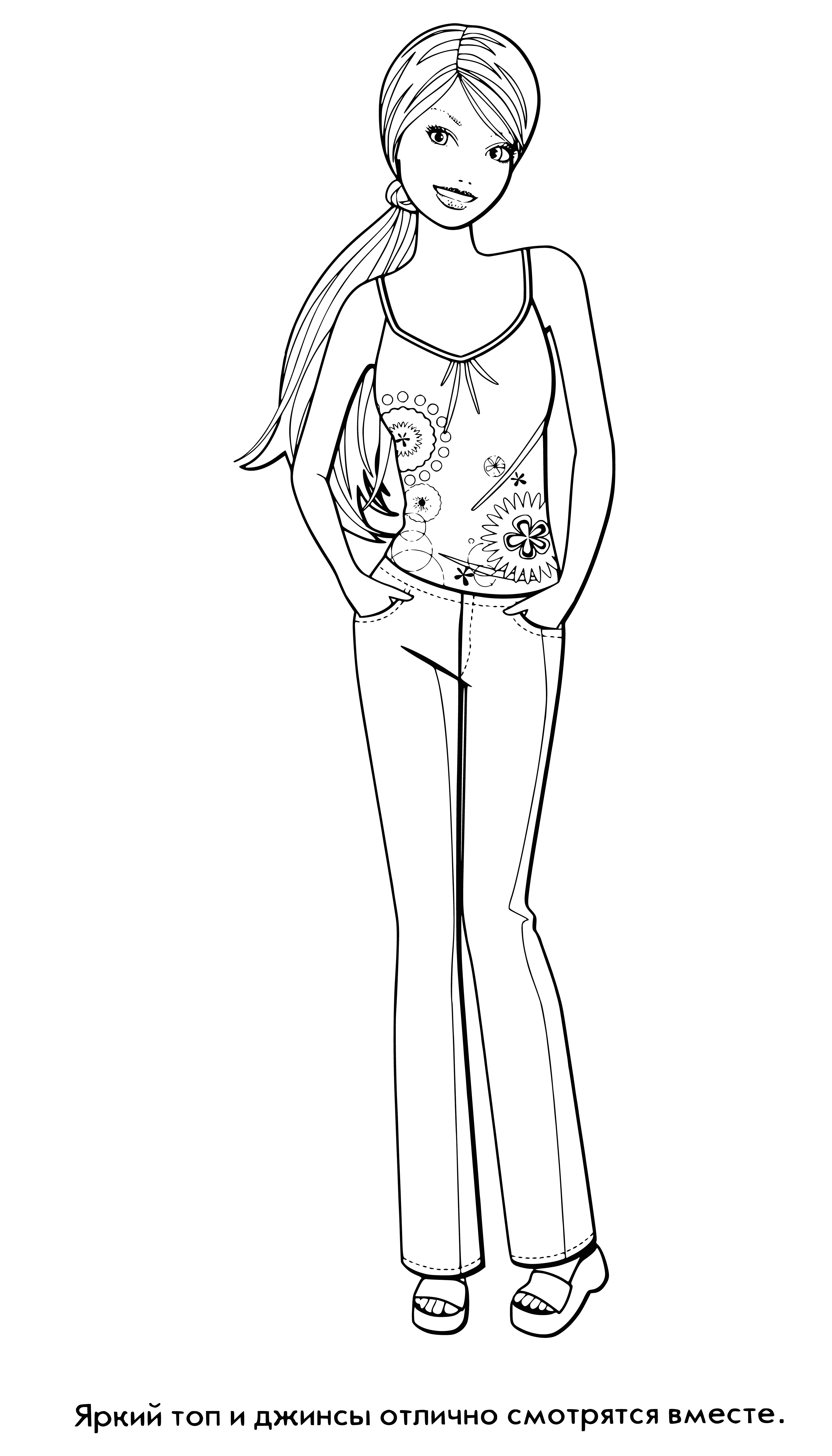 coloring page: Barbie stands on a pink/purple rectangle with a pink shirt & black/white checkerboard skirt. Blonde hair, blue eyes. "Barbie" written in white.