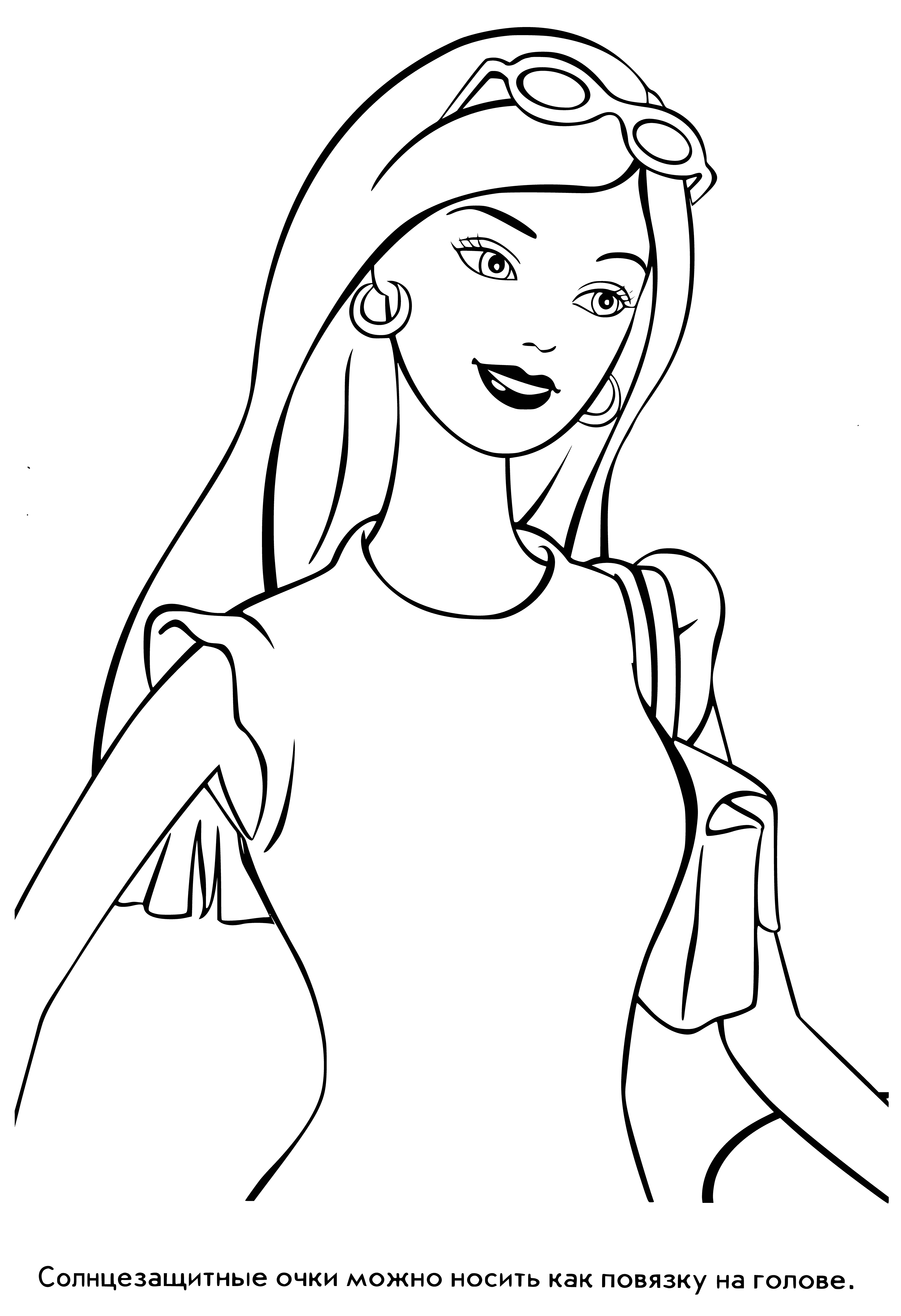 coloring page: Barbie wears a blue & white dress, blue belt & heels, w/ blonde hair & blue eyes. She stands in front of a blue background. #Barbie
