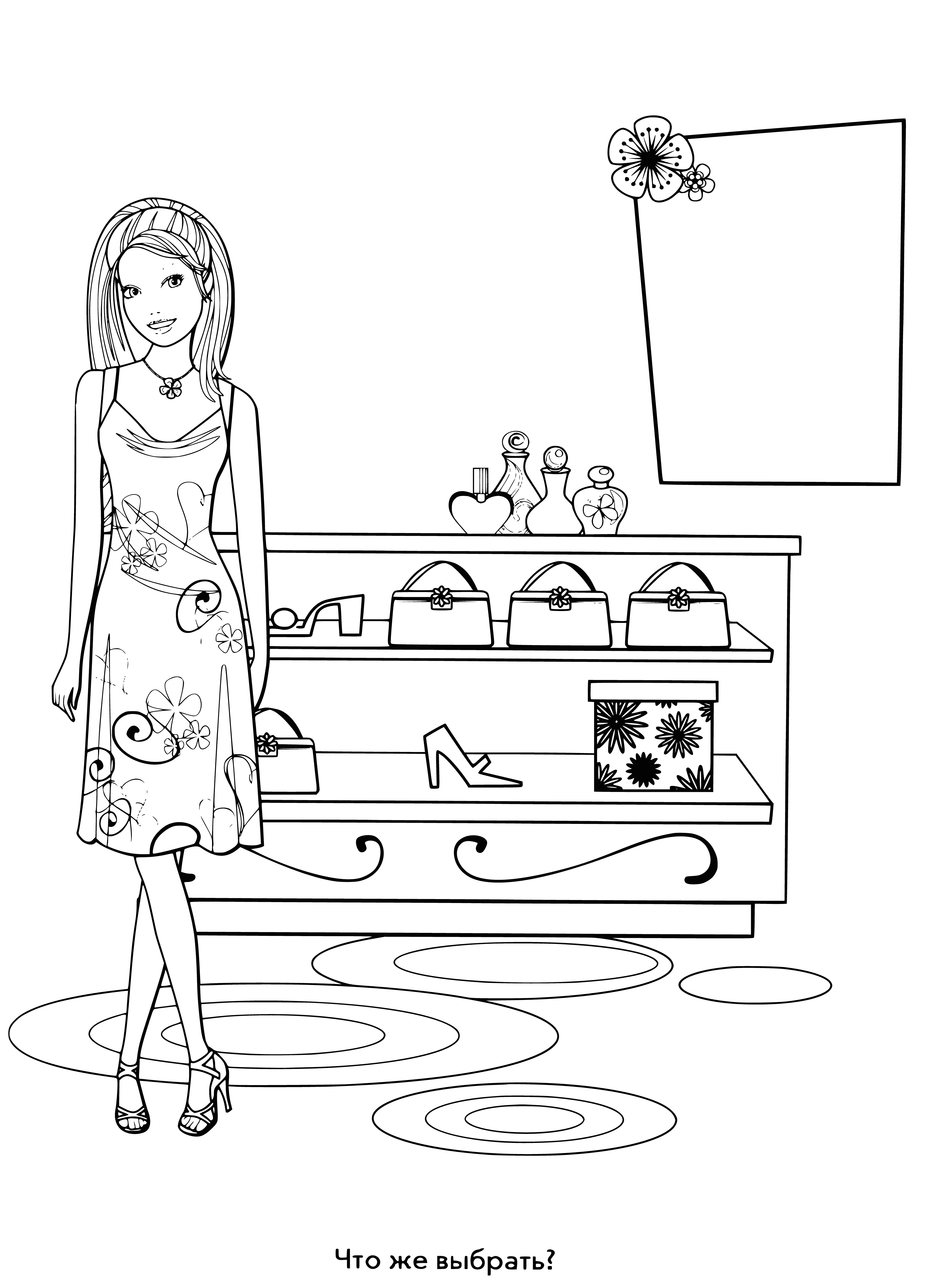 coloring page: Barbie ponders between black flats & white sandals w/gold strap, thinkingfully examining them both.