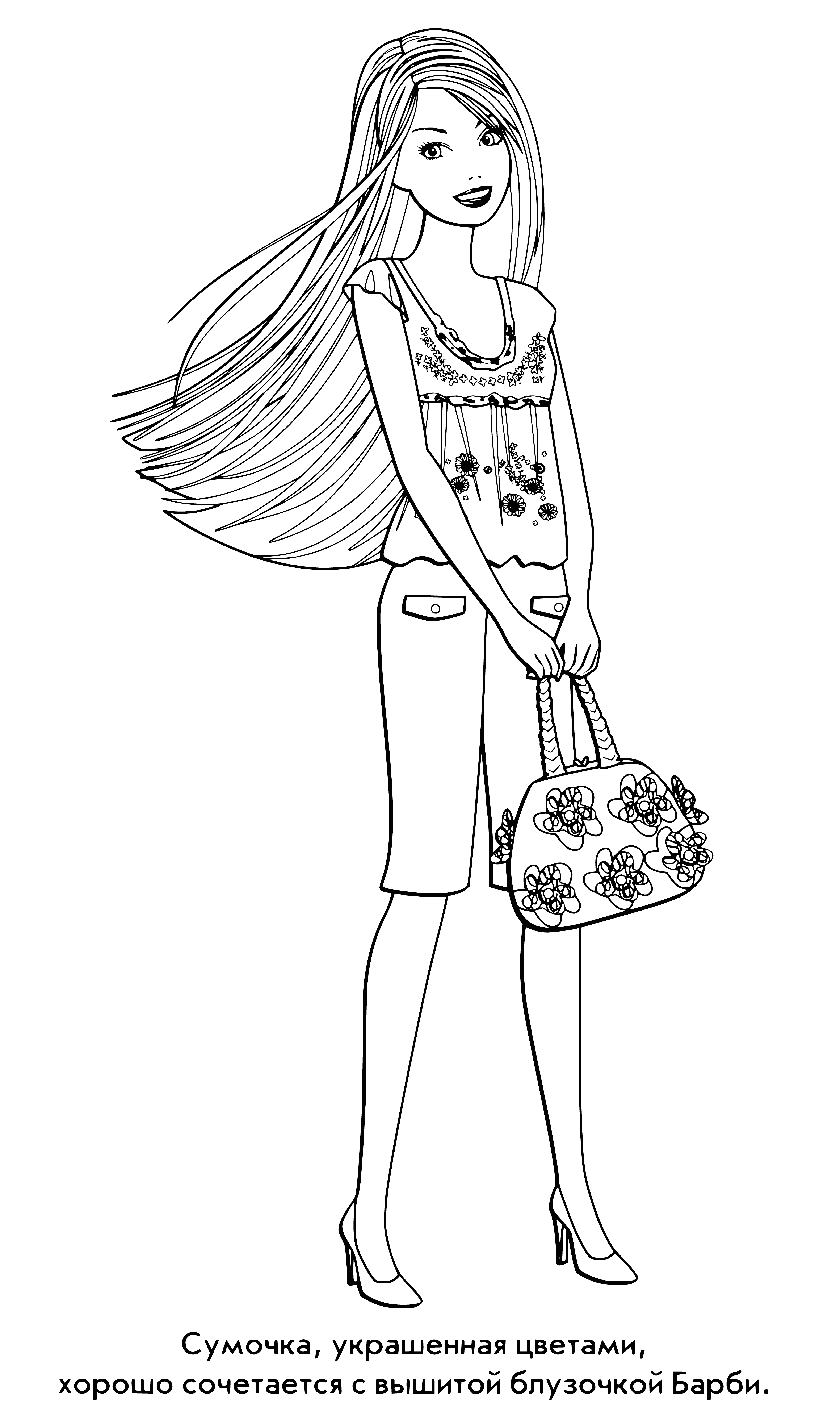 coloring page: Barbie doll with long, blonde hair, blue eyes, wearing a pink dress & matching shoes featured in coloring page. #Barbie #coloring