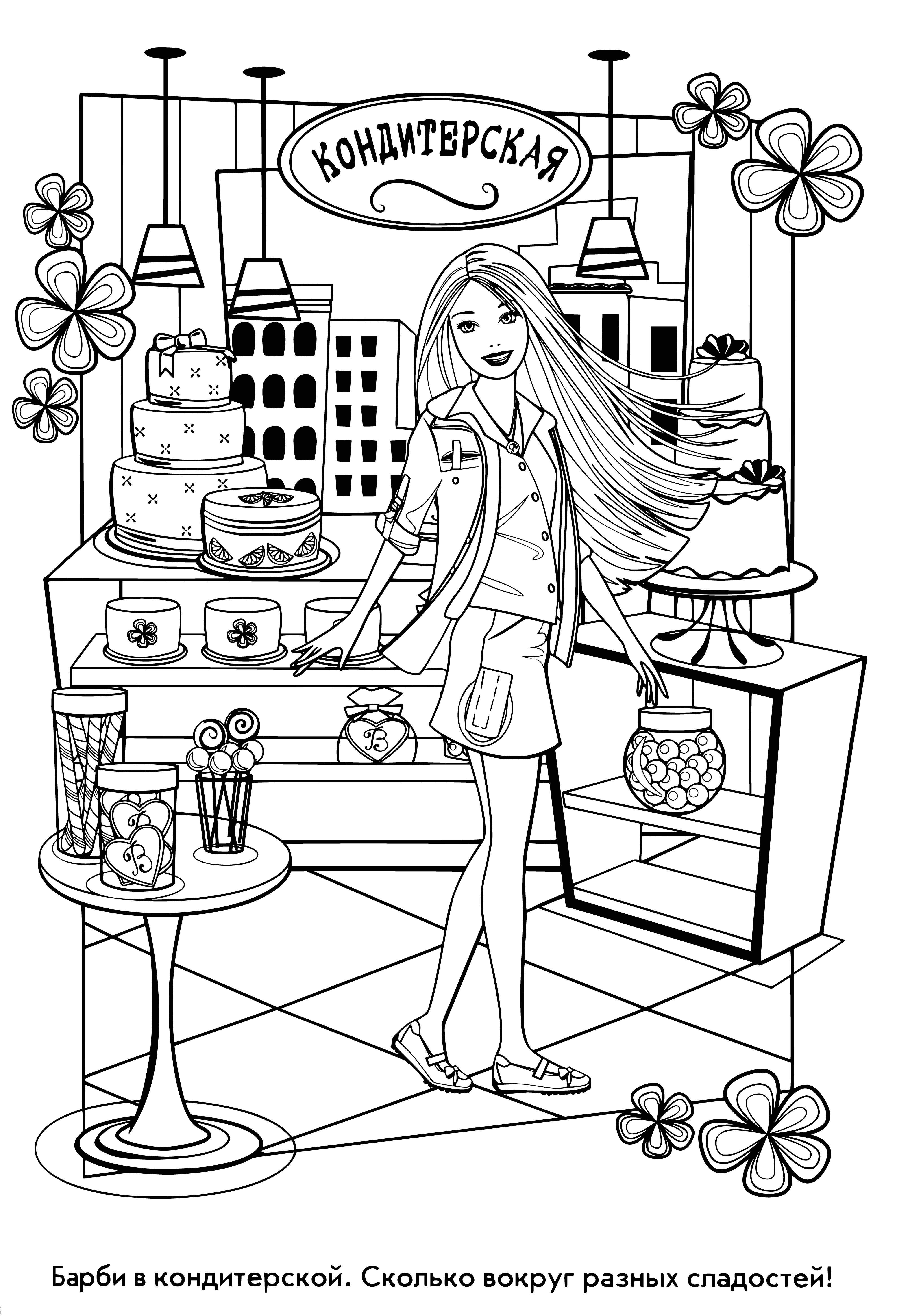 coloring page: Barbie in candy store, long blond hair, pink polka dot dress, holding lollipop, next to colorful candy display.