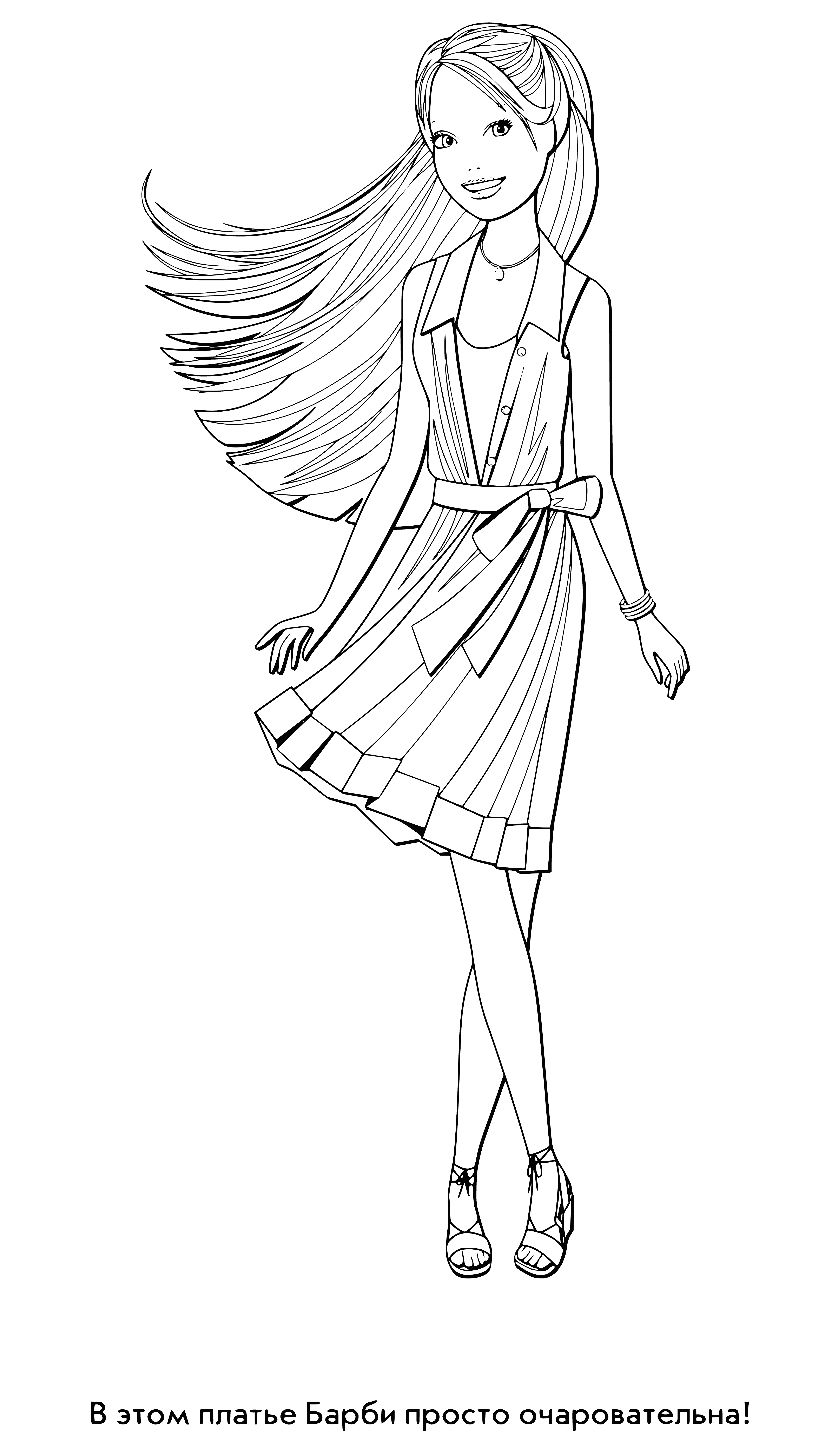 coloring page: Barbie wears pink dress w/ white collar,bow, ruffled skirt, tulle layer & pink shoes w/white stripes.