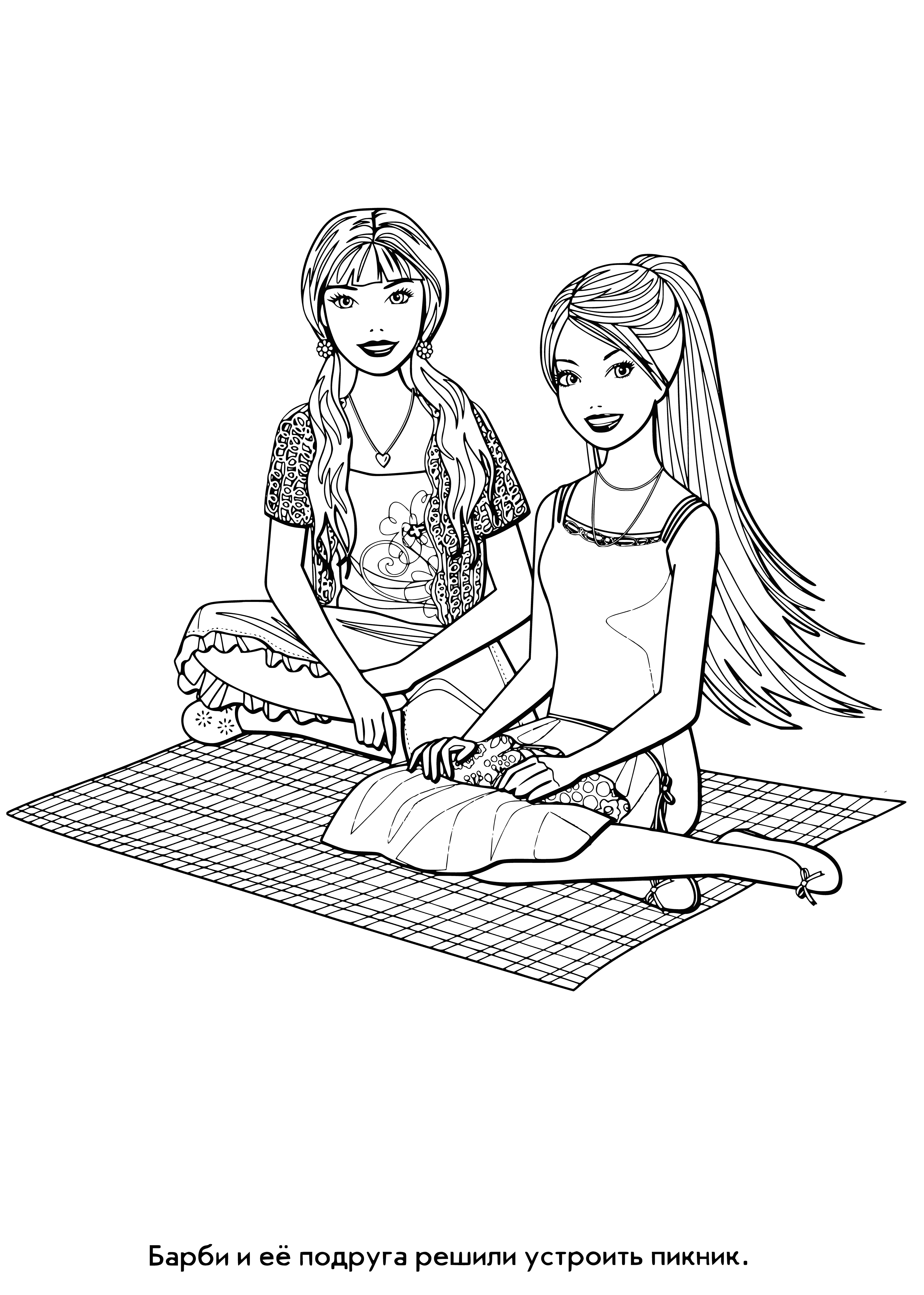 coloring page: Barbie sits on a checkered blanket with a picnic feast; green ground, trees in the distance.