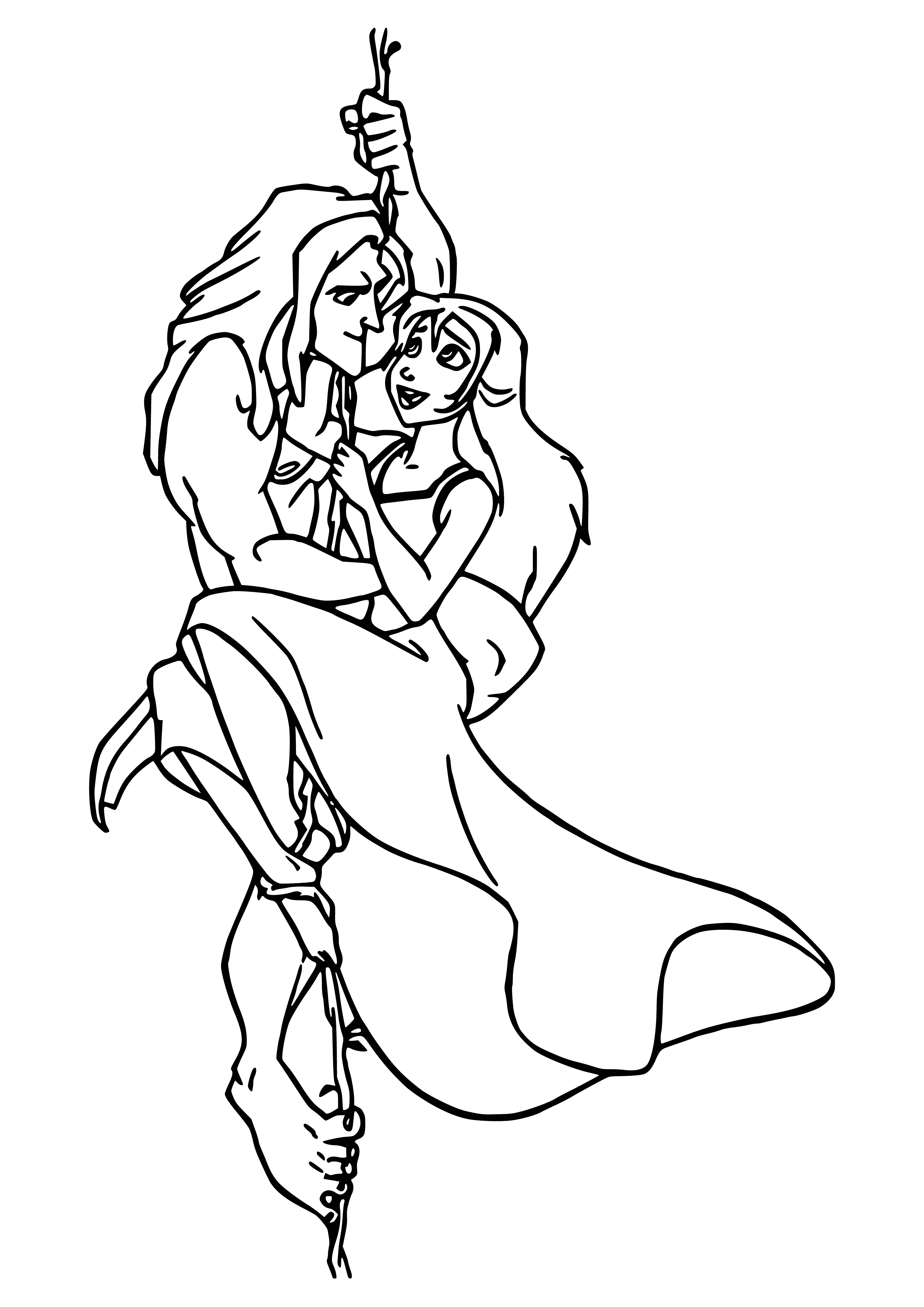 coloring page: Jane is embraced by Tarzan with hand on her cheek and eyes closed, smiling.