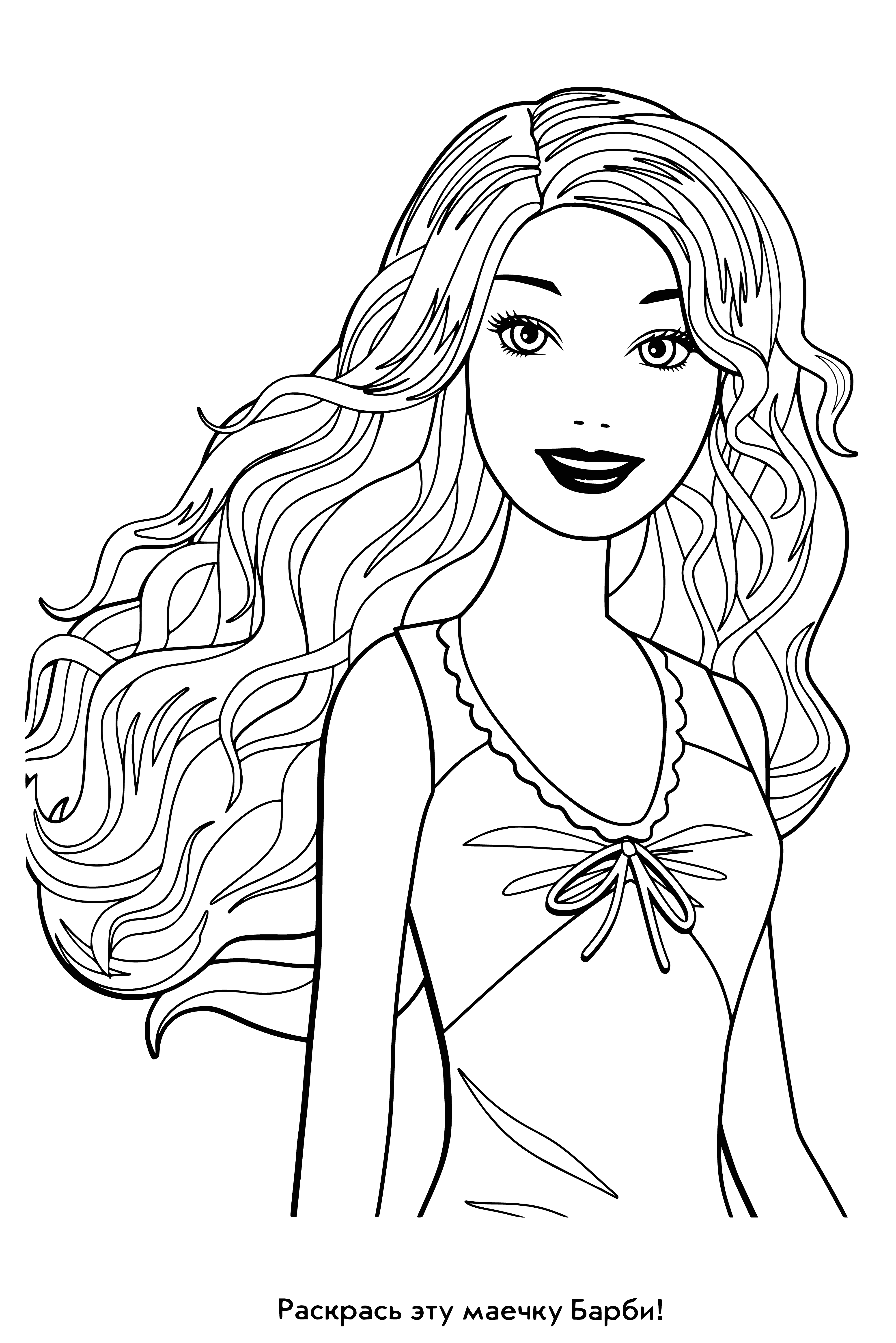 coloring page: Barbie holds a pink wand, wearing a pink polka-dot dress and white shoes; blond hair in two ponytails. #Barbie