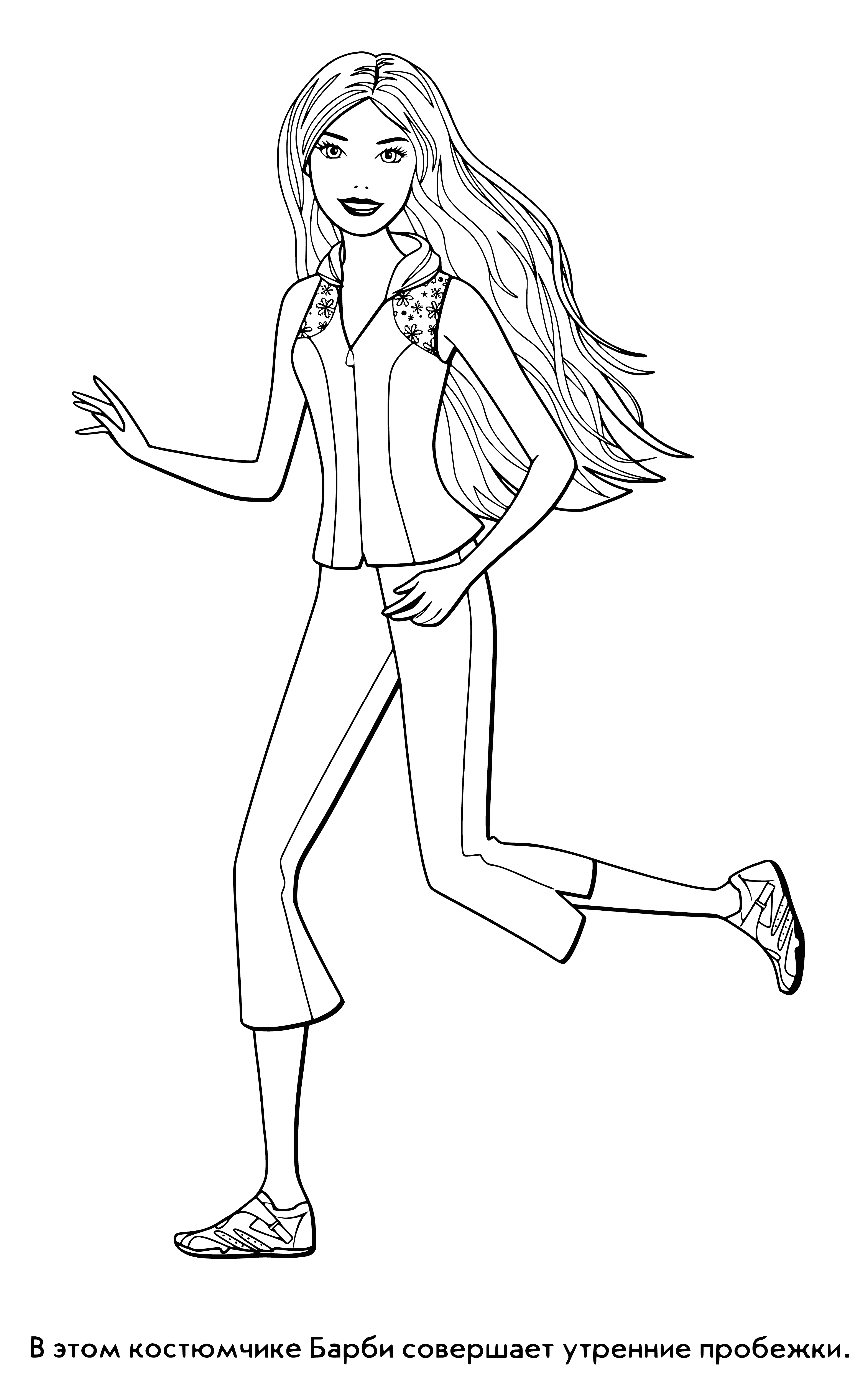 coloring page: Girl running in park, wearing pink top & black leggings. Blonde hair in ponytail & she's holding a water bottle.