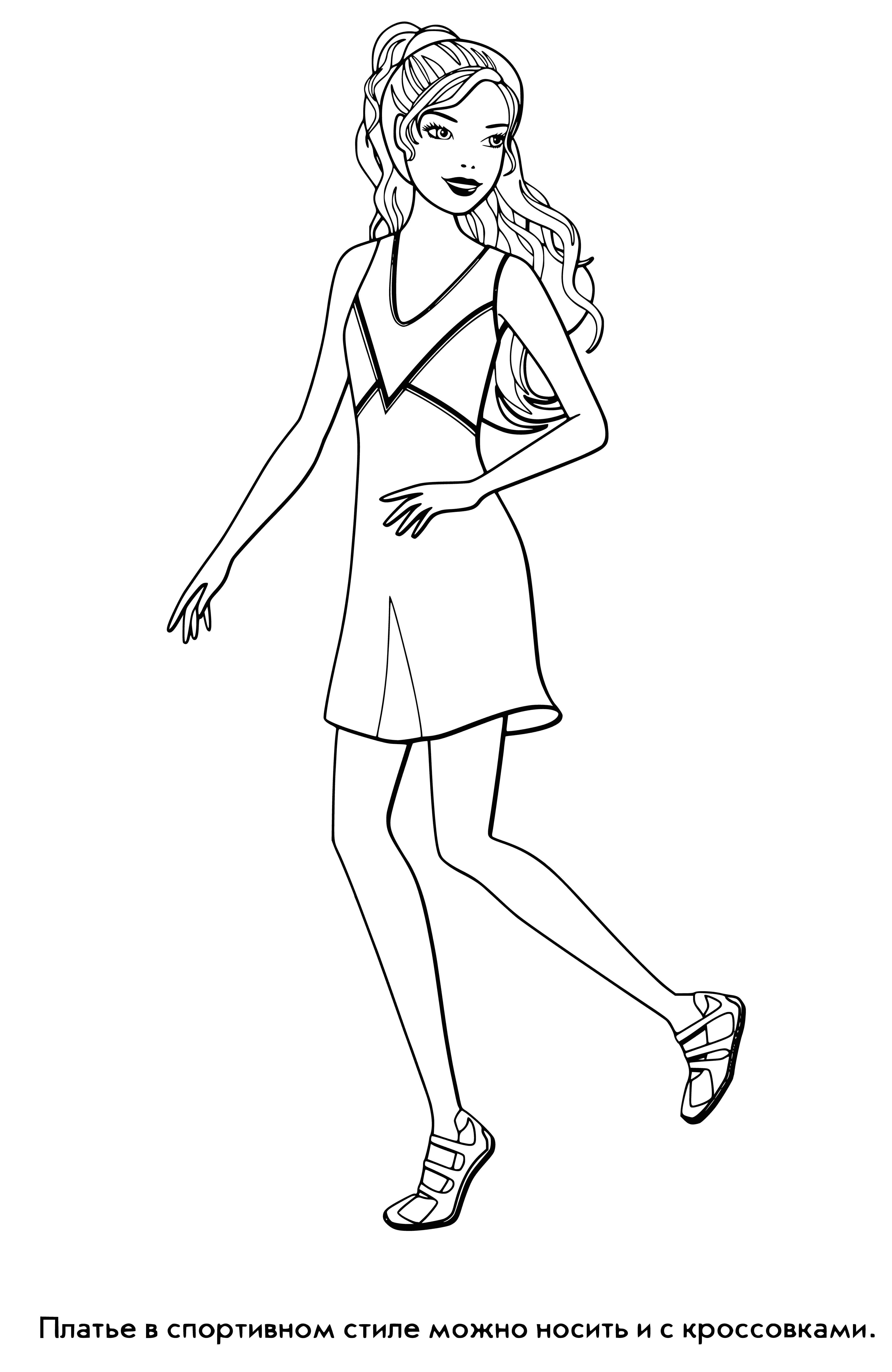 coloring page: Barbie wears a blue & white Nike dress with sneakers & a ponytail in the Barbie - Sport dress.
