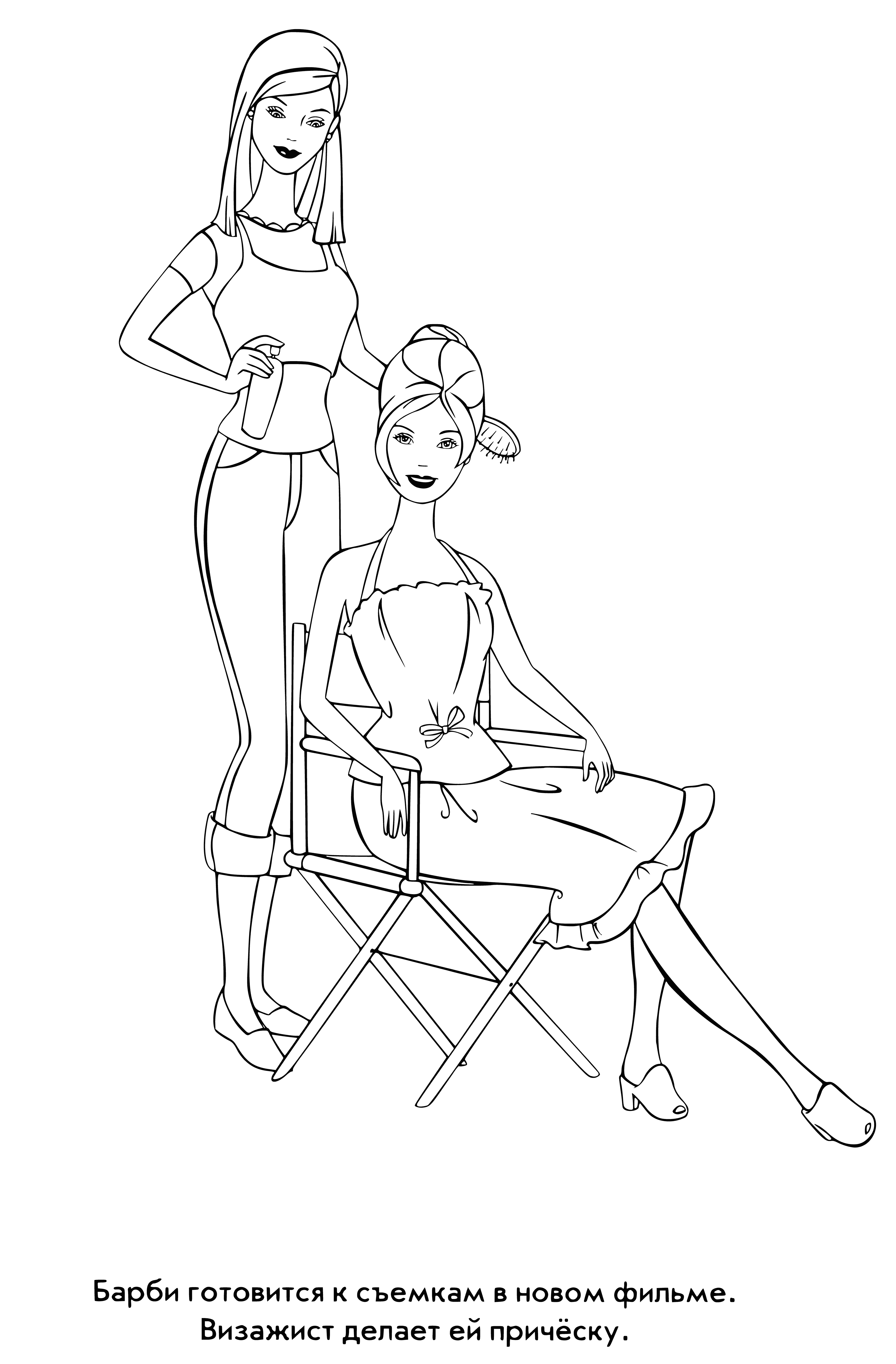 coloring page: Barbie getting ready for a special outing! Blonde hair held back, blue eyes closed, pink dress and black belt w/ shoes, as makeup artist preps her.