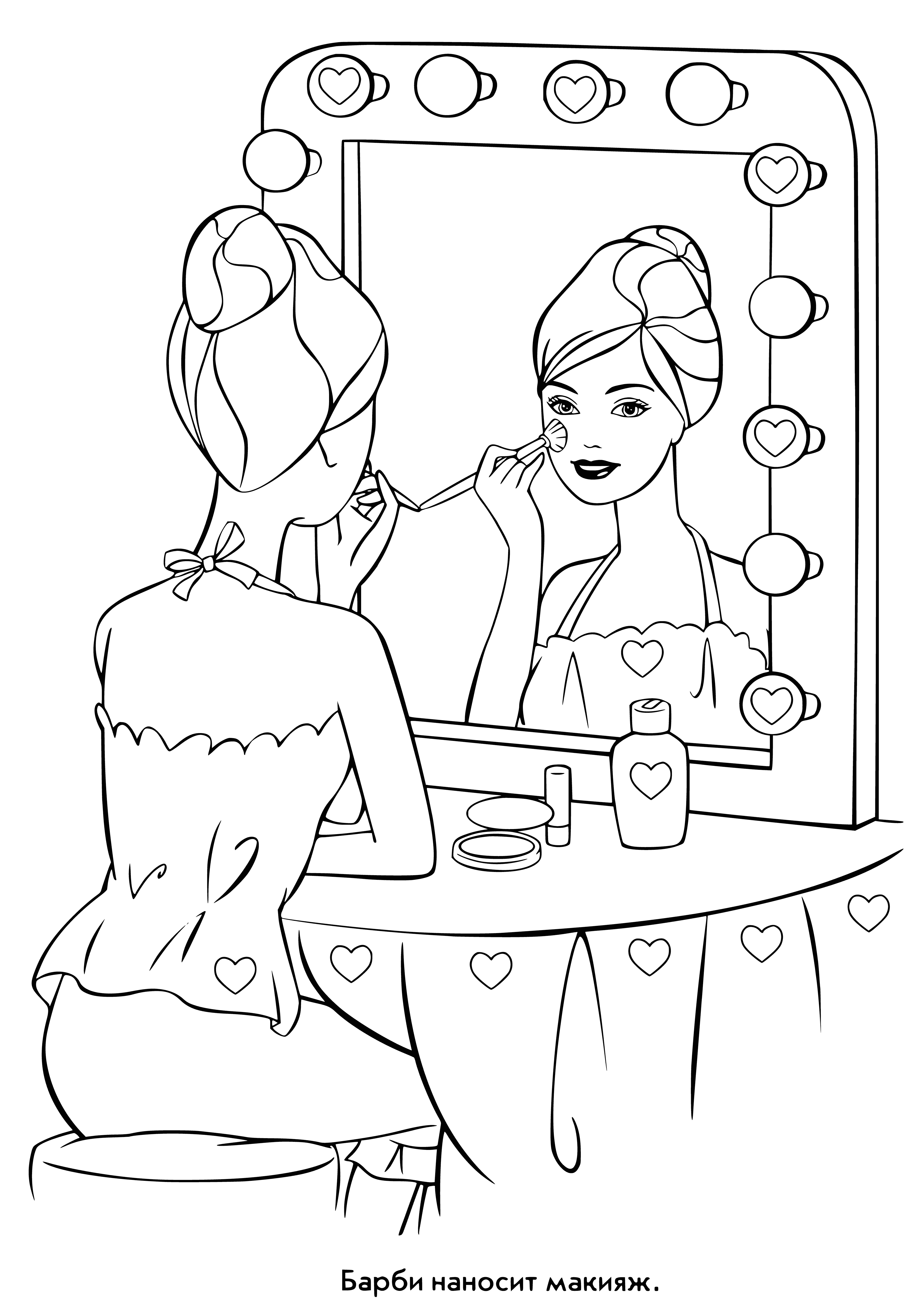 coloring page: Barbie is applying pink lipstick and highlighting her cheeks with a makeup brush while looking in a handheld mirror.
