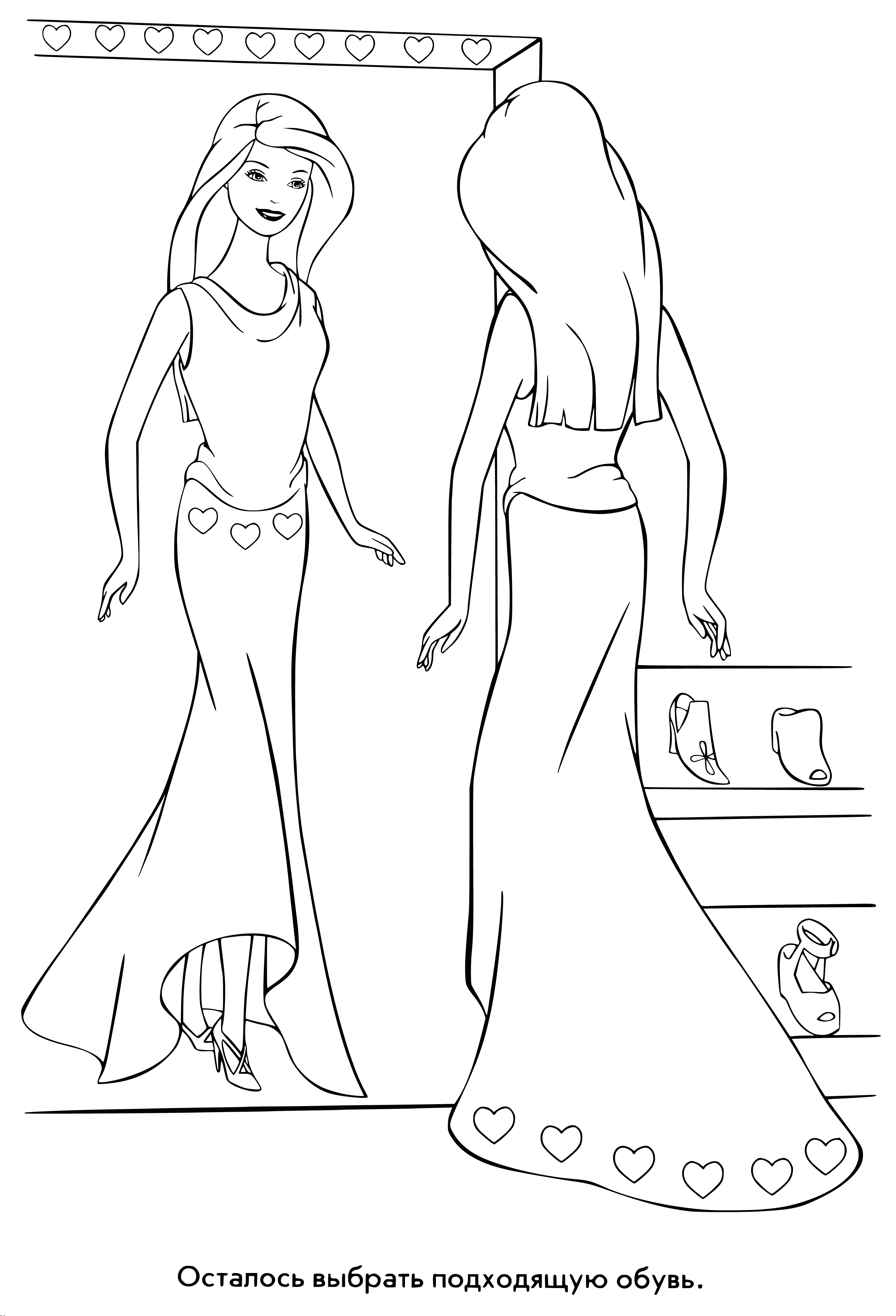 coloring page: Girl reaches for pair of shoes from store shoe rack.