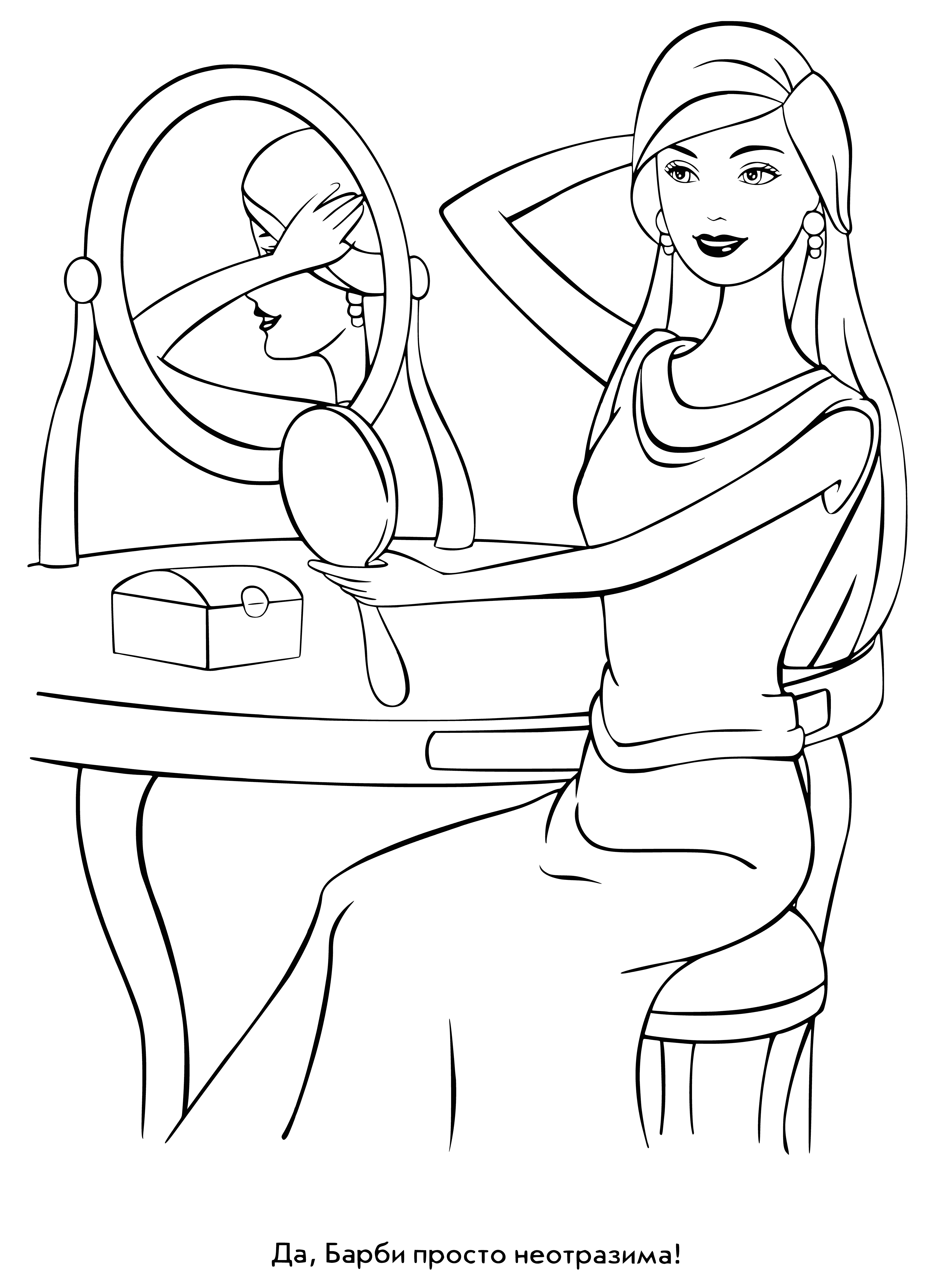 coloring page: Barbie admires her reflection in the mirror: blonde hair, blue eyes, pink dress, holding a brush.