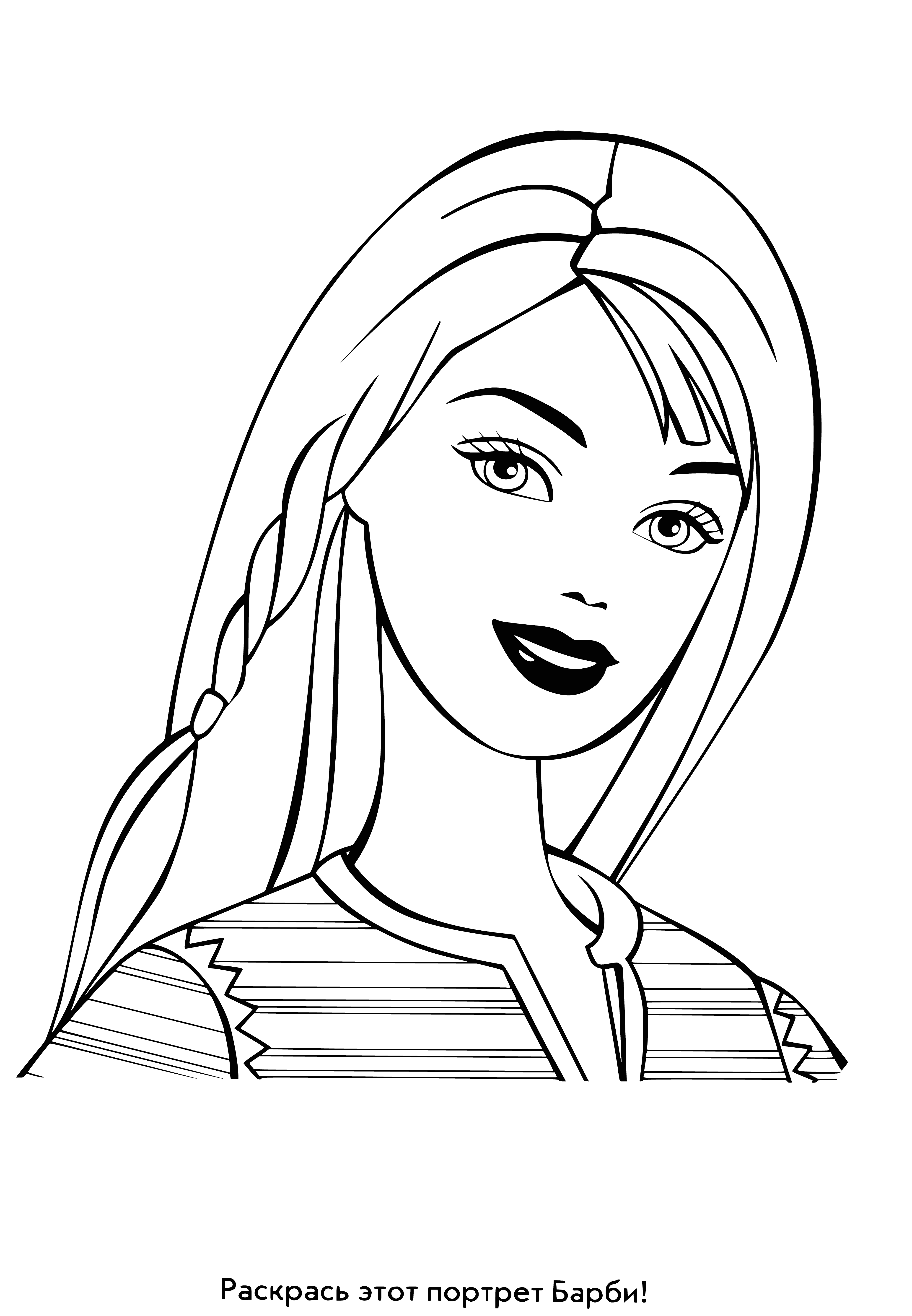 coloring page: Barbie coloring page with blonde hair, pink lips, defined eyebrows, blue eyes, and long lashes. Perfect for kids to get creative!