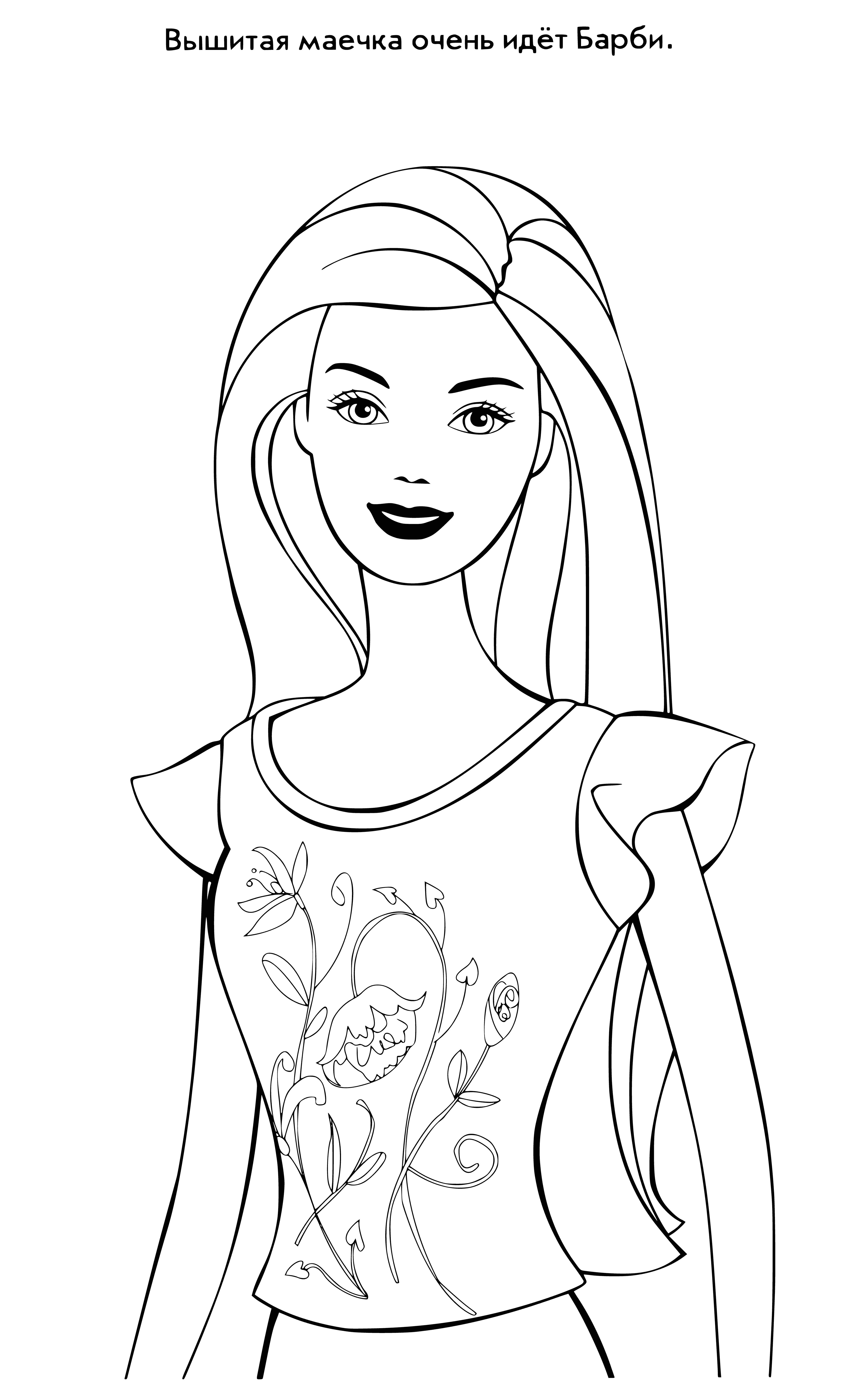 coloring page: Barbie wears a white dress w/blue sash & her hair in a bun, smiling as a yellow paper butterfly is taped to her foot.