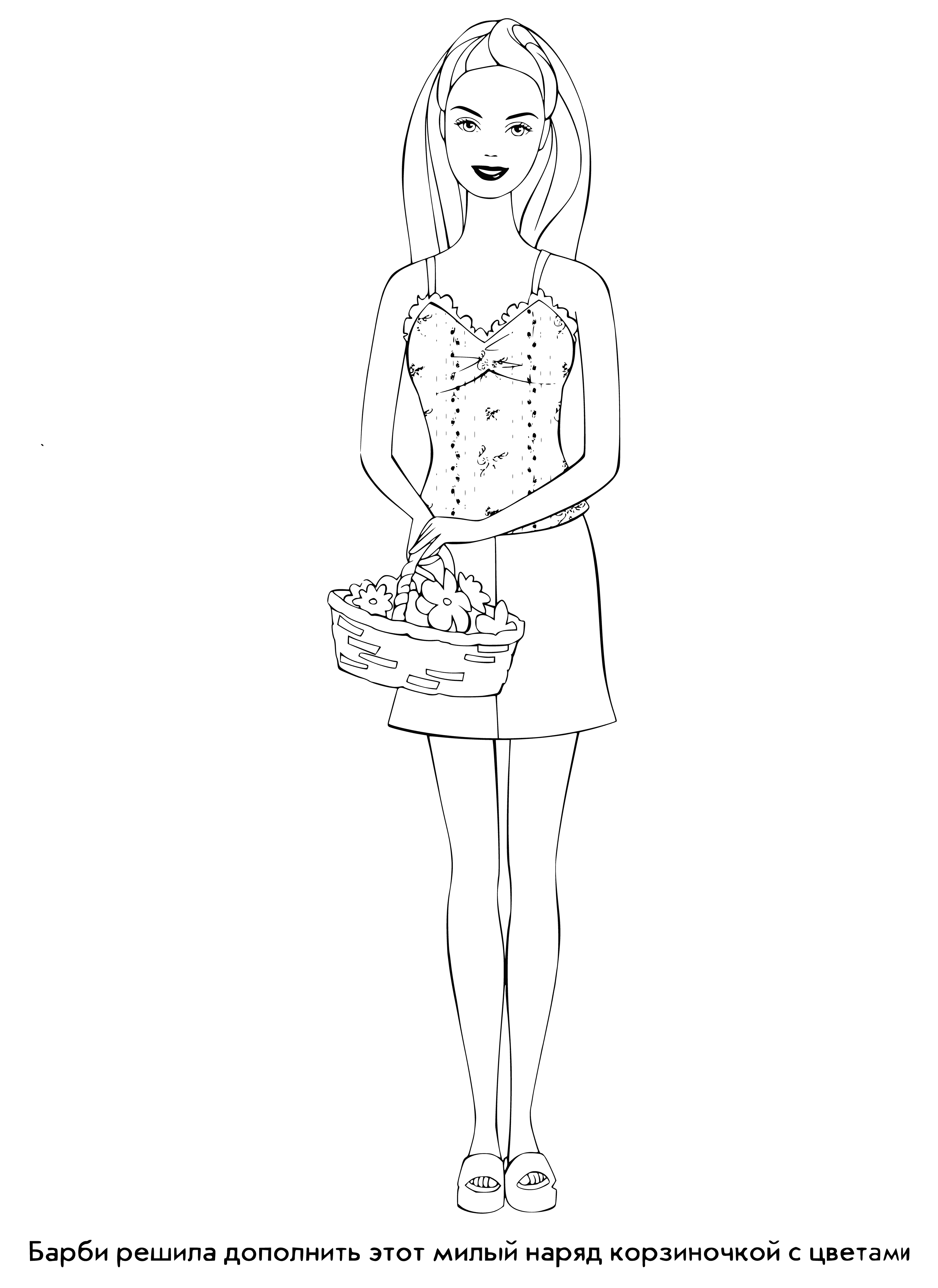 coloring page: Blonde Barbie w/blue eyes stands on yellow towel w/ pink swimsuit & holds pink beach ball in her left hand. #Barbie