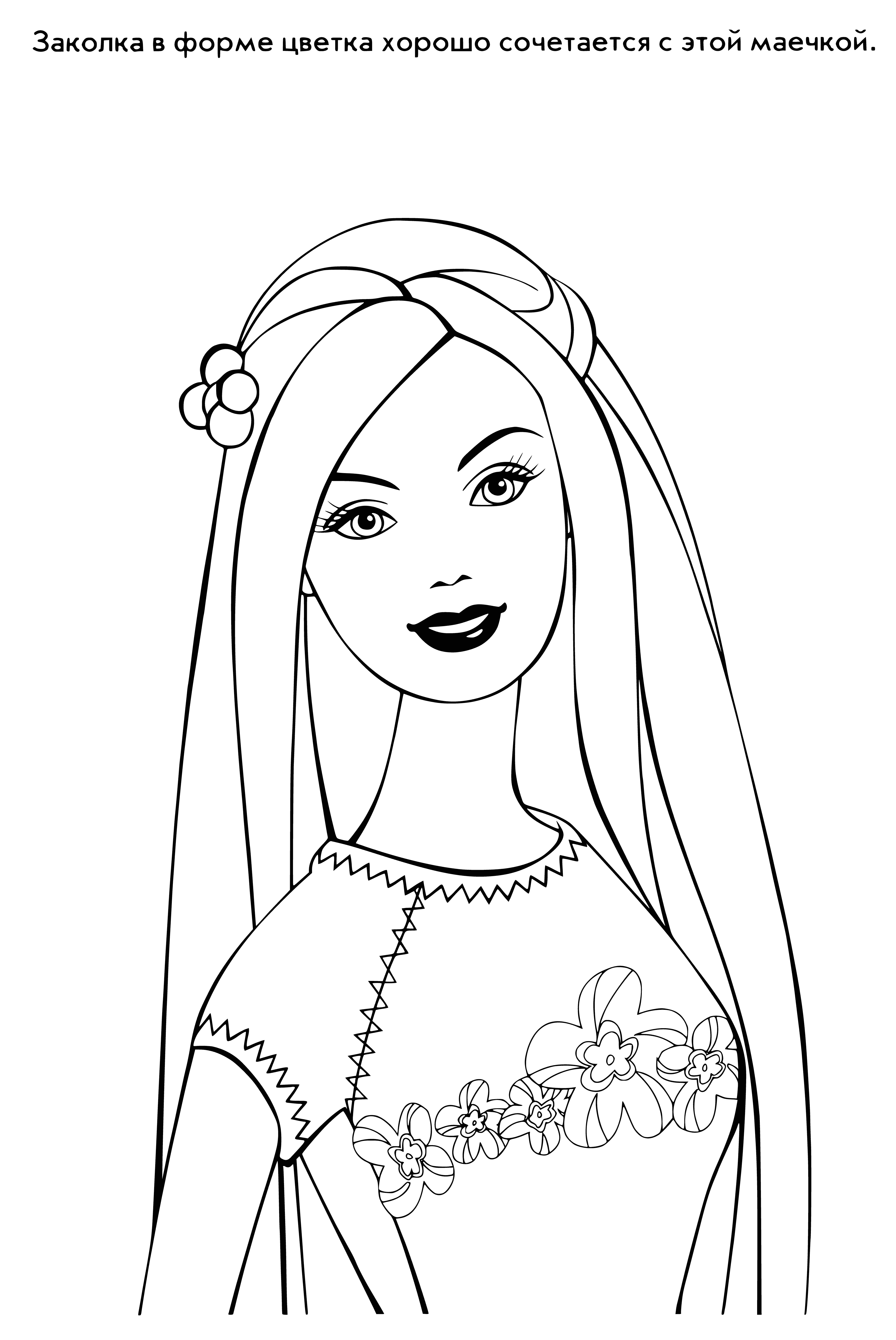coloring page: The Barbie is a plastic doll with blonde hair and blue eyes wearing a pink shirt, blue skirt, and black shoes. #barbie