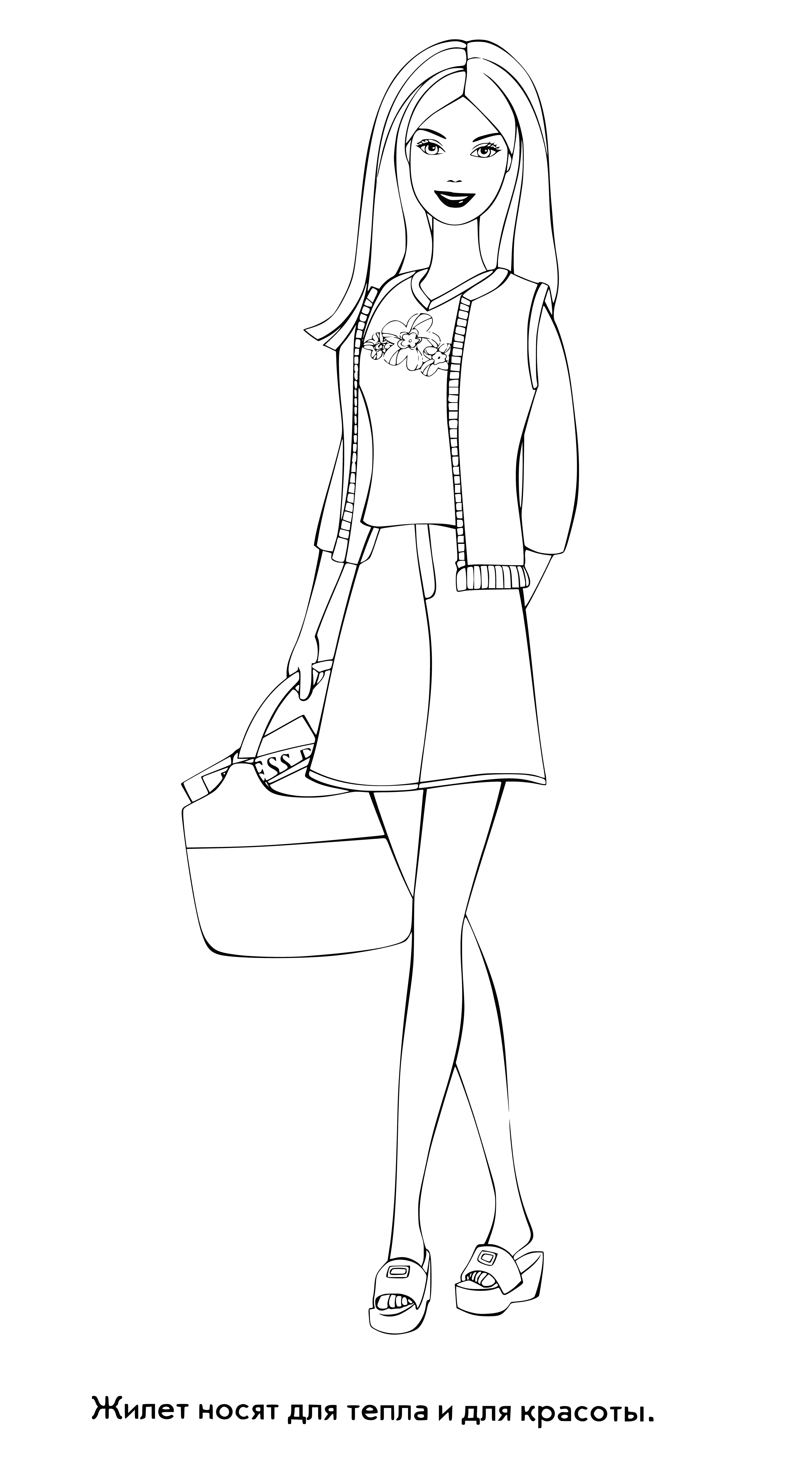 coloring page: Barbie stands in a strapless pink dress & clear plastic high heels, a pink purse in her right hand and a ponytail with a bow. Her lips are parted and she has blue eyes.