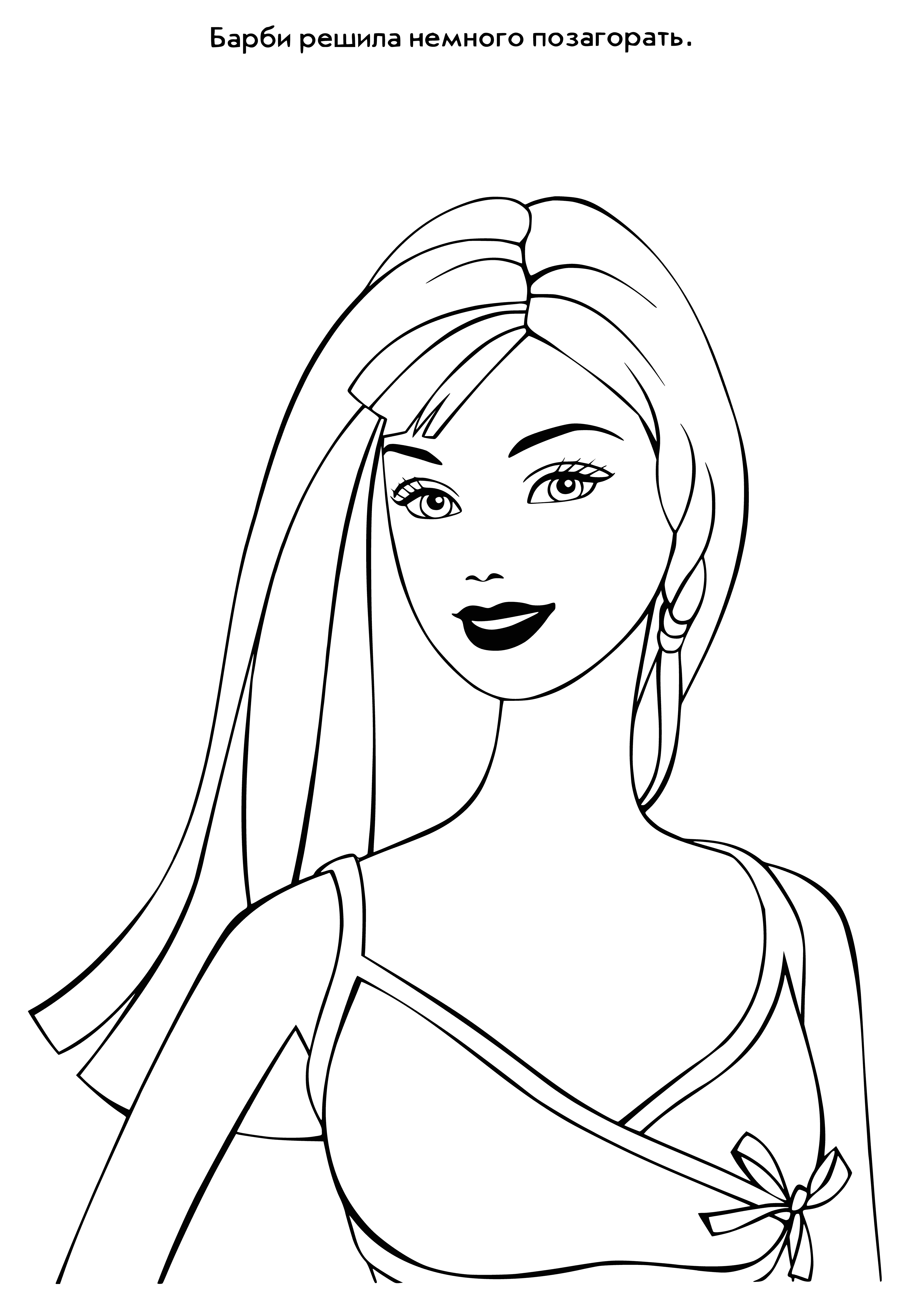 coloring page: Barbie is a fashionable doll with long blonde hair, blue eyes, pink dress & white accessories, holding a blue purse in her left hand.