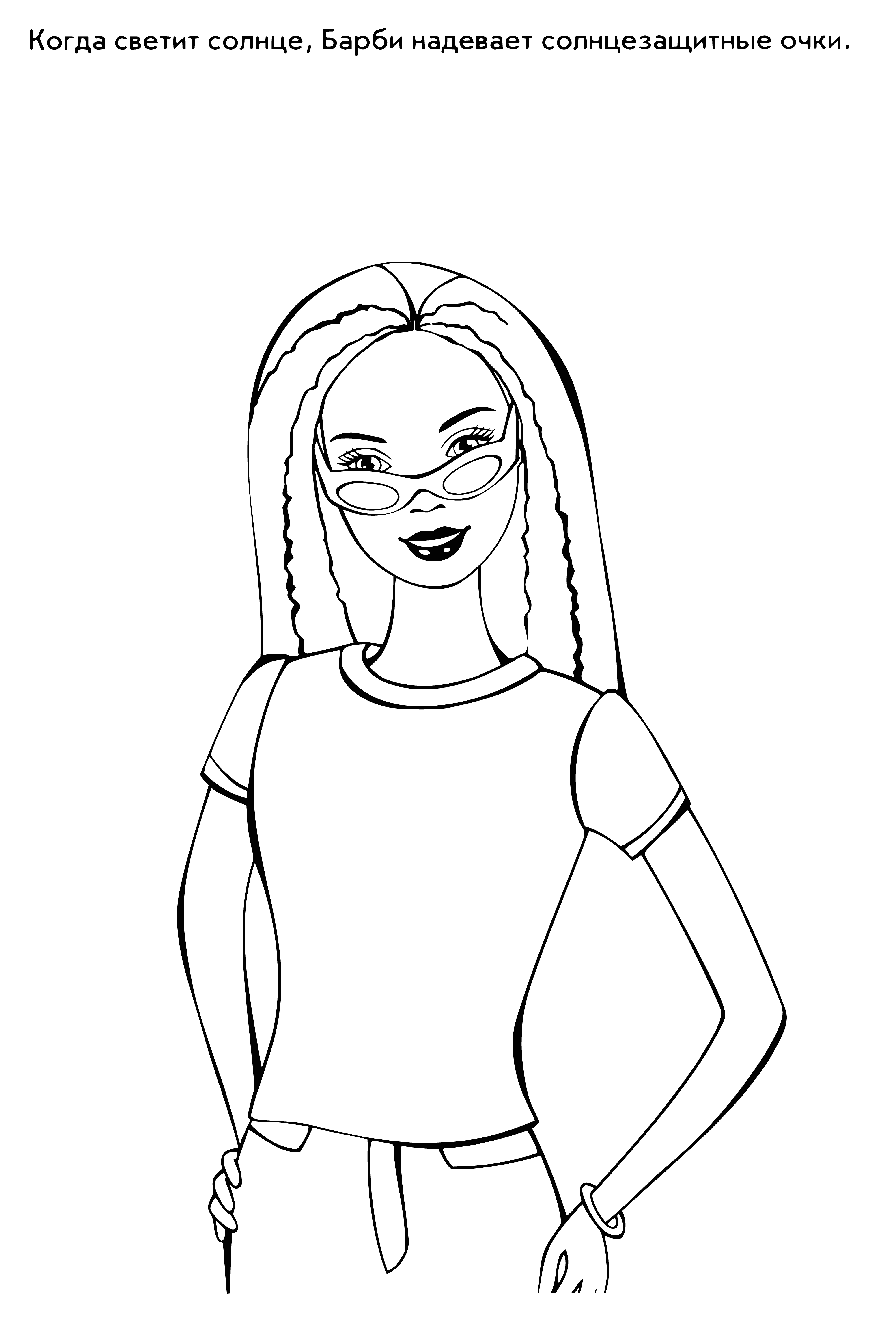 coloring page: Barbie in pink dress stands with hands behind back on white background in coloring page.