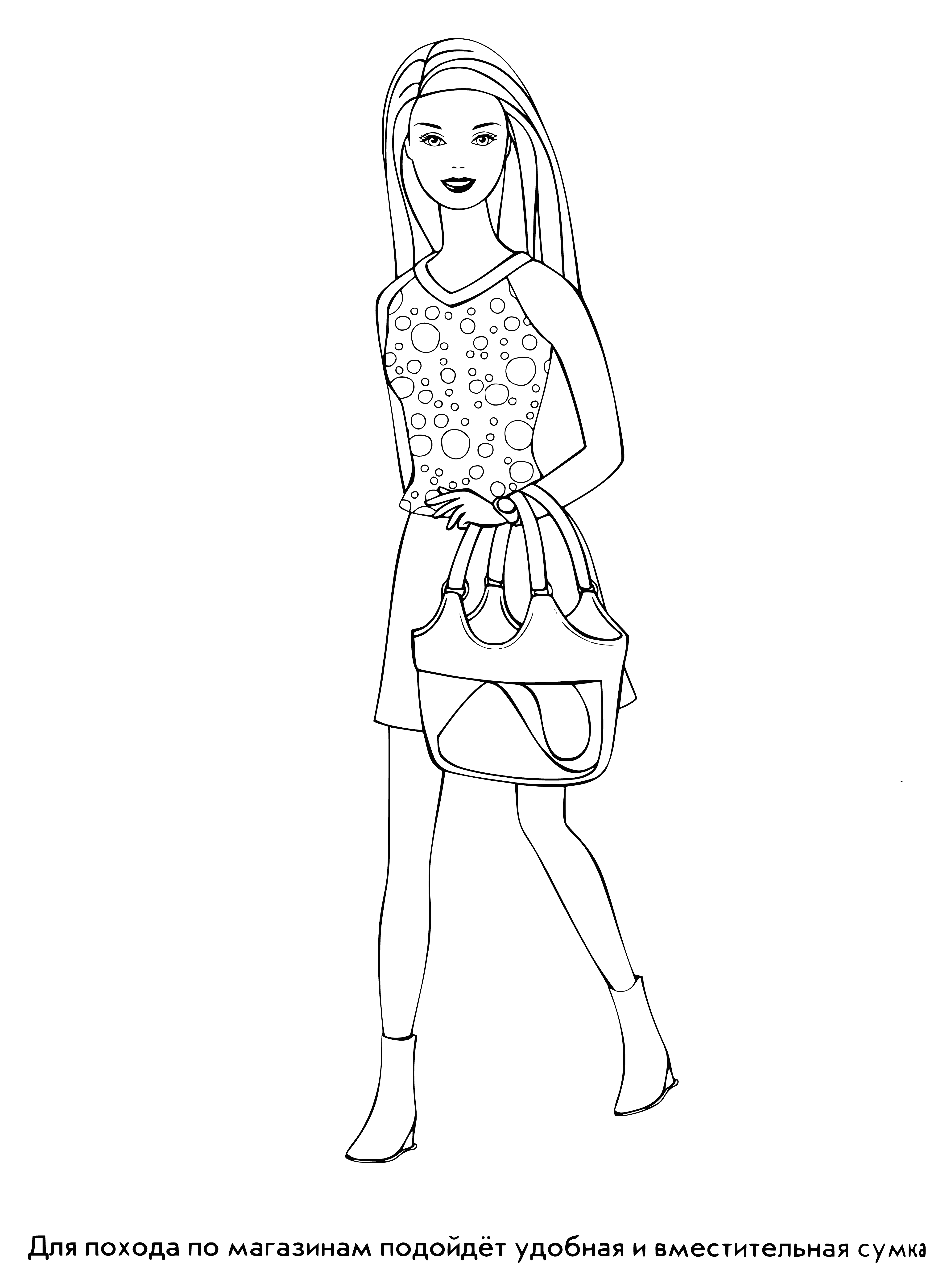 coloring page: Barbie stands in a clam shell wearing a pink one-piece, with ruffles & accessories. Her hair in a side ponytail, she wears a seashell necklace & fishtail. #Barbie #ColoringPage